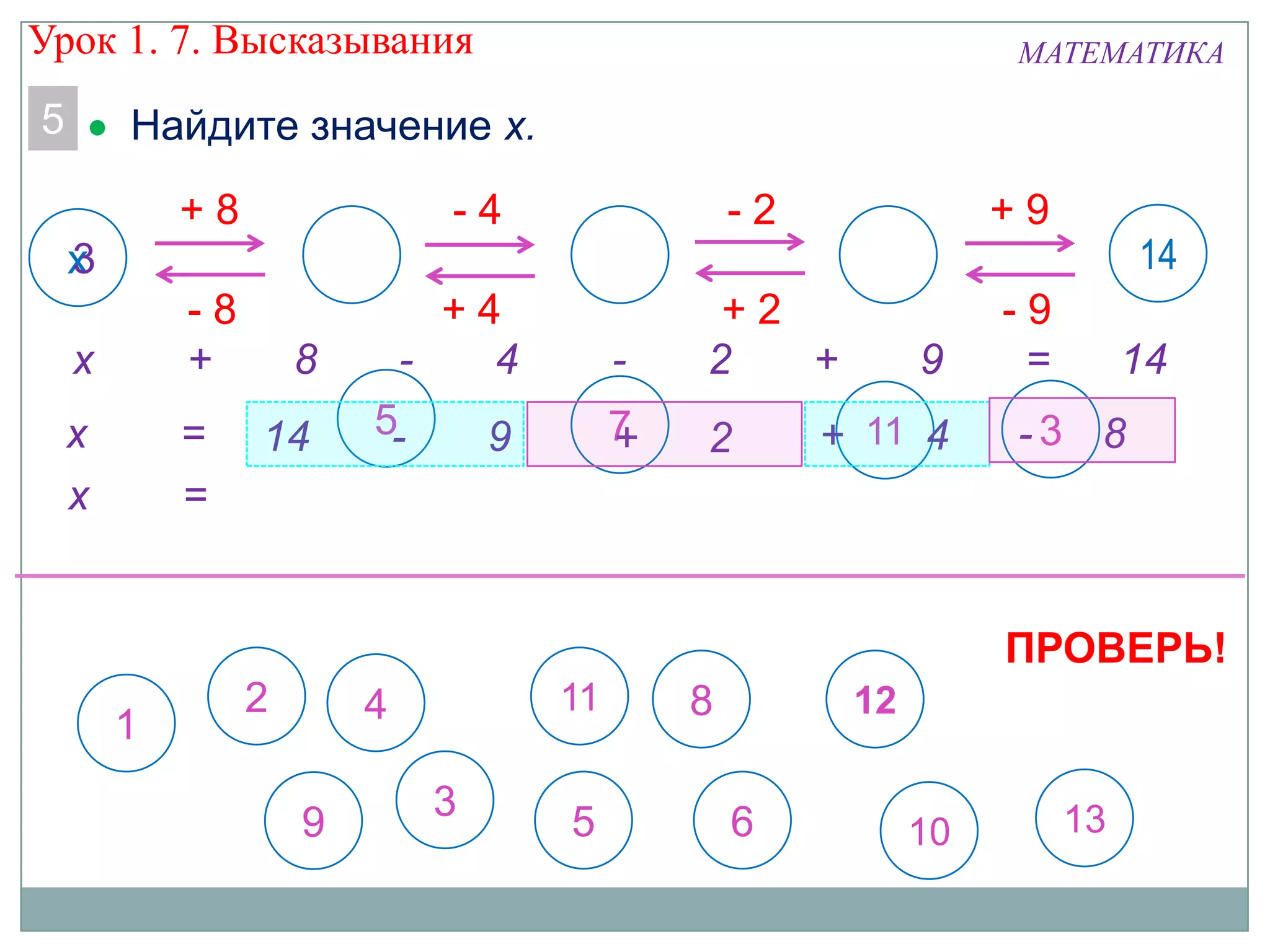 ПРОВЕРЬ!
МАТЕМАТИКА
5
11 14
- 4 - 2 + 9+ 8
х
1
8 122 4
69 10 13
Найдите значение х.
- 9- 8 + 2+ 4
х + 8 - 4 - 2 + 9 = 14
35 7 11х = 14 - 9 + 2 + 4 - 8
х =
3
3 5
11
Урок 1. 7. Высказывания
 