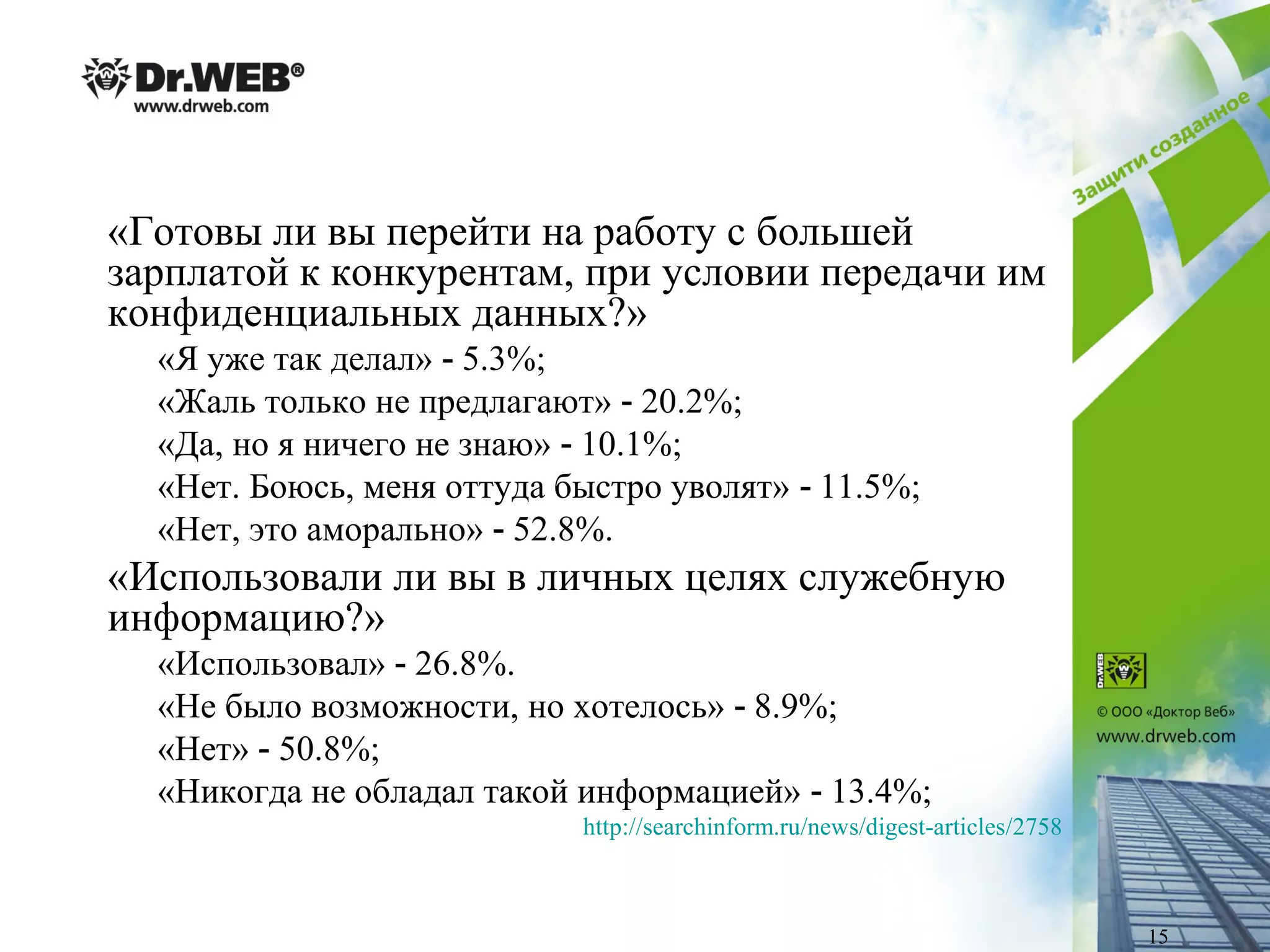 «Готовы ли вы перейти на работу с большей
зарплатой к конкурентам, при условии передачи им
конфиденциальных данных?»
«Я уже так делал» 5.3%;‑
«Жаль только не предлагают» 20.2%;‑
«Да, но я ничего не знаю» 10.1%;‑
«Нет. Боюсь, меня оттуда быстро уволят» 11.5%;‑
«Нет, это аморально» 52.8%.‑
«Использовали ли вы в личных целях служебную
информацию?»
«Использовал» 26.8%.‑
«Не было возможности, но хотелось» 8.9%;‑
«Нет» 50.8%;‑
«Никогда не обладал такой информацией» 13.4%;‑
http://searchinform.ru/news/digest-articles/2758
15
 