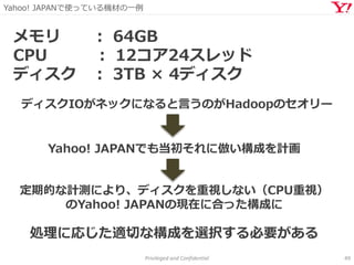 Yahoo! JAPANで使っている機材の一例
Privileged and Confidential 49
メモリ ： 64GB
CPU ： 12コア24スレッド
ディスク ： 3TB × 4ディスク
Yahoo! JAPANでも当初それに倣...