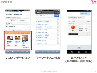 利活用事例
Privileged and Confidential 13
レコメンデーション キーワード入力補助 音声アシスト
(音声認識、意図解析)
 