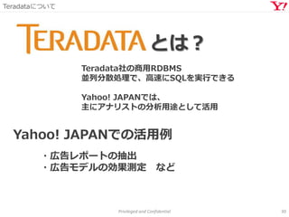 Teradataについて
Privileged and Confidential 30
とは？
Teradata社の商用RDBMS
並列分散処理で、高速にSQLを実行できる
Yahoo! JAPANでは、
主にアナリストの分析用途として活用
Yahoo! JAPANでの活用例
・広告レポートの抽出
・広告モデルの効果測定 など
 