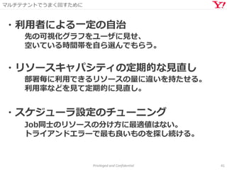 マルチテナントでうまく回すために
Privileged and Confidential 41
・利用者による一定の自治
・リソースキャパシティの定期的な見直し
・スケジューラ設定のチューニング
先の可視化グラフをユーザに見せ、
空いている時間帯を自ら選んでもらう。
部署毎に利用できるリソースの量に違いを持たせる。
利用率などを見て定期的に見直し。
Job同士のリソースの分け方に最適値はない。
トライアンドエラーで最も良いものを探し続ける。
 