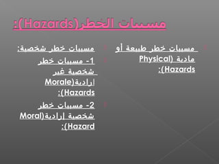 :‫شخصية‬ ‫خطر‬ ‫مسببات‬
1‫خطر‬ ‫مسببات‬ -
‫غير‬ ‫شخصية‬
‫إ‬)‫رادية‬Morale
Hazards:(
2‫خطر‬ ‫مسببات‬ -
)‫إرادية‬ ‫شخصية‬Moral
Hazard:(
‫أو‬ ‫طبيعة‬ ‫خطر‬ ‫مسببات‬
) ‫مادية‬Physical
Hazards:(
 