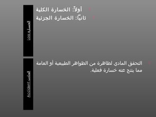 ‫الكلية‬ ‫الخسارة‬ :‫ال‬ً:  ‫أو‬
:‫ثانيا‬‫الجزئية‬ ‫الخسارة‬
‫العامة‬ ‫أو‬ ‫الطبيعية‬ ‫الظواهر‬ ‫من‬ ‫لظاهرة‬ ‫المادي‬ ‫التحقق‬
.‫فعلية‬ ‫خسارة‬ ‫عنه‬ ‫ينتج‬ ‫مما‬
 