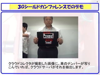 6
３Ｇシールドカンファレンスでのデモ
クラウドコレクタが撮影した画像に、車のナンバーが写り
こんでいれば、クラウドサーバがそれを抽出します。
 