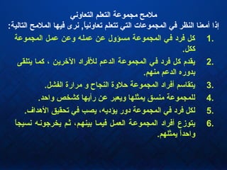 ‫التعاون ي‬ ‫التعلم‬ ‫مجموعة‬ ‫ملمح‬
:‫التالية‬ ‫الملمح‬ ‫فيها‬ ‫نرى‬ , ‫ا‬ً ‫تعاوني‬ ‫تتعلم‬ ‫الت ي‬ ‫المجموعات‬ ‫ف ي‬ ‫النظر‬ ‫أمعنا‬ ‫إذا‬
1.‫المجموعة‬ ‫عمل‬ ‫وعن‬ ‫عمله‬ ‫عن‬ ‫مسؤو ل‬ ‫المجموعة‬ ‫ف ي‬ ‫فرد‬ ‫كل‬
.‫ككل‬
2.‫يتلقى‬ ‫كما‬ ، ‫الخرين‬ ‫للفراد‬ ‫الدعم‬ ‫المجموعة‬ ‫ف ي‬ ‫فرد‬ ‫كل‬ ‫يقدم‬
.‫منهم‬ ‫الدعم‬ ‫بدوره‬
3..‫الفشل‬ ‫مرارة‬ ‫و‬ ‫النجاح‬ ‫حلوة‬ ‫المجموعة‬ ‫أفراد‬ ‫يتقاسم‬
4..‫واحد‬ ‫كشخص‬ ‫رأيها‬ ‫عن‬ ‫ويعبر‬ ‫يمثلها‬ ‫منسق‬ ‫للمجموعة‬
5..‫الدهداف‬ ‫تحقيق‬ ‫ف ي‬ ‫يصب‬ ،‫يؤديه‬ ‫دور‬ ‫المجموعة‬ ‫ف ي‬ ‫فرد‬ ‫لكل‬
6.‫ا‬ً ‫نسيج‬ ‫يخرجونمه‬ ‫ثمم‬ ،‫بينهمم‬ ‫فيمما‬ ‫العممل‬ ‫المجموعمة‬ ‫أفراد‬ ‫يتوزع‬
.‫يمثلهم‬ ‫ا‬ً ‫واحد‬
 