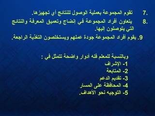 7..‫تجهيزها‬ ‫أي‬ ‫للنتائج‬ ‫الوصول‬ ‫بعملية‬ ‫المجموعة‬ ‫تقوم‬
8.‫والنتائج‬ ‫المعرففة‬ ‫وتعميفق‬ ‫إنضاج‬ ‫ففي‬ ‫المجموعفة‬ ‫أفراد‬ ‫يتعاون‬
.‫إليها‬ ‫يتوصلون‬ ‫التي‬
9.‫الراجعة‬ ‫التغذية‬ ‫ويستخلصون‬ ‫عملهم‬ ‫جودة‬ ‫المجموعة‬ ‫أفراد‬ ‫يقوم‬ .
: ‫في‬ ‫تتمثل‬ ‫واضحة‬ ‫أدوار‬ ‫فله‬ ‫للمعلم‬ ‫وبالنسبة‬
1‫الرشراف‬ -
2‫المتابعة‬ -
3‫الدعم‬ ‫تقديم‬ -
4‫المسار‬ ‫على‬ ‫المحافظة‬ -
5.‫الهداف‬ ‫نحو‬ ‫التوجيه‬ -
 