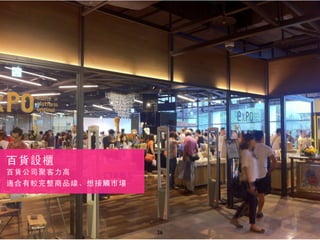 26
百貨設櫃
百貨公司聚客力高
適合有較完整商品線、想接觸市場
 