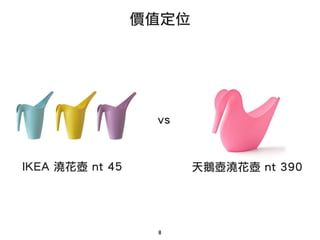 8
IKEA 澆花壺 nt 45
價值定位
天鵝壺澆花壺 nt 390
vs
 
