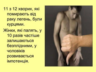 11 з 12 хворих, які
помирають від
раку легень, були
курцями.
Жінки, які палять, у
10 разів частіше
залишаються
безплідними, у
чоловіків
розвивається
імпотенція.
 