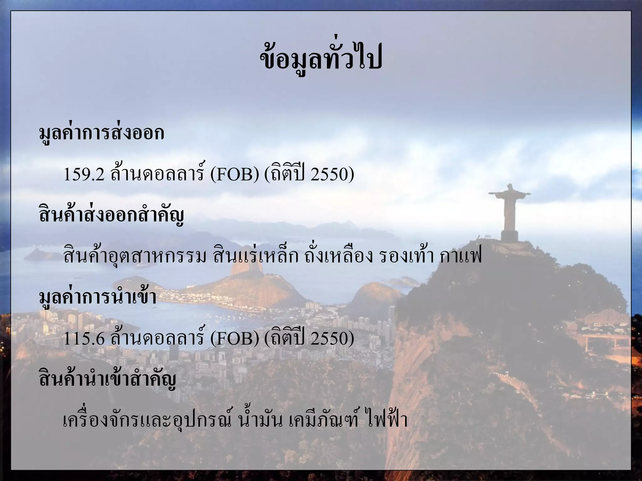 ข้อมูลทั่วไป
มูลค่าการส่งออก
159.2 ล้านดอลลาร์ (FOB) (ถิติปี 2550)
สินค้าส่งออกสาคัญ
สินค้าอุตสาหกรรม สินแร่เหล็ก ถั่งเหลือง รองเท้า กาแฟ
มูลค่าการนาเข้า
115.6 ล้านดอลลาร์ (FOB) (ถิติปี 2550)
สินค้านาเข้าสาคัญ
เครื่องจักรและอุปกรณ์ น้ามัน เคมีภัณฑ์ไฟฟ้า
 