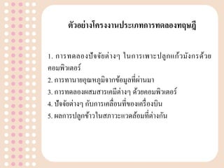 ตัวอย่ำงโครงงำนประเภทกำรทดลองทฤษฎี
1. การทดลองปัจจัยต่างๆ ในการเพาะปลูกแก้วมังกรด้วย
คอมพิวเตอร์
2. การทานายอุณหภูมิจากข้อมูลที่ผ่านมา
3. การทดลองผสมสารเคมีต่างๆ ด้วยคอมพิวเตอร์
4. ปัจจัยต่างๆ กับการเคลื่อนที่ของเครื่องบิน
5. ผลการปลูกข้าวในสภาวะแวดล้อมที่ต่างกัน
 