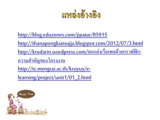 http://blog.eduzones.com/jipatar/85915
http://thanapongkiatsujja.blogspot.com/2012/07/3.html
http://krudarin.wordpress.com/ตกแต่งเว็บเพจด้วยกราฟฟิก/
ความสาคัญของโครงงาน
http://tc.mengrai.ac.th/kruyuy/e-
learning/project/unit1/01_2.html
 
