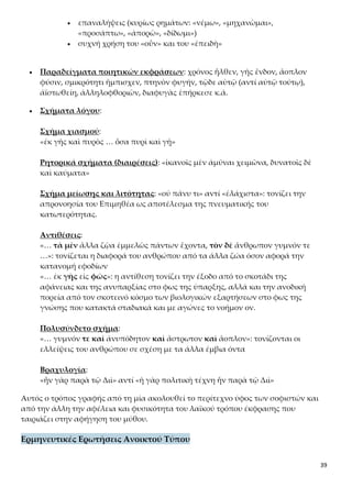 39
 Σχήματα λόγου:
Σχήμα χιασμού:
«ἐκ γῆς καὶ πυρὸς … ὅσα πυρὶ καὶ γῇ»
Ρητορικά σχήματα (διαιρέσεις): «ἱκανοῖς μὲν ἀμῦναι χειμῶνα, δυνατοῖς δὲ
καὶ καύματα»
Σχήμα μείωσης και λιτότητας: «οὐ πάνυ τι» αντί «ἐλάχιστα»: τονίζει την
απρονοησία του Επιμηθέα ως αποτέλεσμα της πνευματικής του κατωτερότη-
τας.
Αντιθέσεις:
«… τὰ μὲν ἄλλα ζῷα ἐμμελῶς πάντων ἔχοντα, τὸν δὲ ἄνθρωπον γυμνόν τε
…»: τονίζεται η διαφορά του ανθρώπου από τα άλλα ζώα όσον αφορά την
κατανομή εφοδίων
«… ἐκ γῆς εἰς φῶς»: η αντίθεση τονίζει την έξοδο από το σκοτάδι της αφά-
νειας και της ανυπαρξίας στο φως της ύπαρξης, αλλά και την ανοδική πορεία
από τον σκοτεινό κόσμο των βιολογικών εξαρτήσεων στο φως της γνώσης
που κατακτά σταδιακά και με αγώνες το νοήμον ον.
Πολυσύνδετο σχήμα:
«… γυμνόν τε καὶ ἀνυπόδητον καὶ ἄστρωτον καὶ ἄοπλον»: τονίζονται οι ελ-
λείψεις του ανθρώπου σε σχέση με τα άλλα έμβια όντα
Βραχυλογία:
«ἦν γὰρ παρὰ τῷ Διὶ» αντί «ἡ γὰρ πολιτικὴ τέχνη ἦν παρὰ τῷ Διὶ»
Αυτός ο τρόπος γραφής από τη μία ακολουθεί το περίτεχνο ύφος των σοφιστών και
από την άλλη την αφέλεια και φυσικότητα του λαϊκού τρόπου έκφρασης που ταιριά-
ζει στην αφήγηση του μύθου.
Ερμηνευτικές Ερωτήσεις Ανοικτού Τύπου
ΑΣΚΗΣΗ 1
Παρατηρήστε πώς χαρακτηρίζονται μέσα στο κείμενο του Πρωταγόρα οι δραστηριότητες
που σήμερα ονομάζουμε «τεχνολογία». Σχολιάστε αυτούς τους χαρακτηρισμούς.
(ερώτηση από το σχολικό εγχειρίδιο στη σελίδα 78)
ΑΣΚΗΣΗ 2
α) Λαμβάνοντας υπόψη σας τις θεϊκές ιδιότητες της Αθηνάς και του Ήφαιστου, να προσδιο-
ρίσετε τι ακριβώς εννοεί ως έντεχνη σοφία ο Πρωταγόρας.
β) Η τέχνη και τα καλλιτεχνικά δημιουργήματα συμπεριλαμβάνονται, νομίζετε, στην έντε-
χνη σοφία;
 