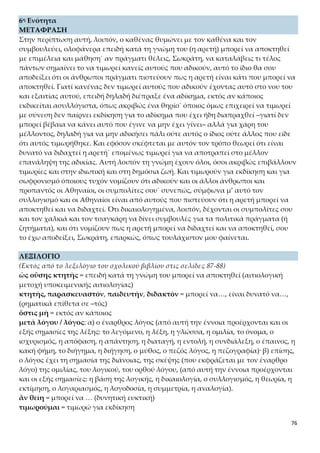 76
κολάζω = τιμωρώ για σωφρονισμό
ἂν οἴωνται = τυχόν νομίζουν (το ἂν είναι αοριστολογικό)
ὥστε: μετά από ισχυρό σημείο στίξης (τελεία ή άνω τελεία) εισάγει κύρια πρόταση
και μεταφράζεται με το «επομένως».
ΕΤΥΜΟΛΟΓΙΚΑ ΚΑΙ ΟΜΟΡΡΙΖΑ ΣΤΗ ΝΕΑ ΕΛΛΗΝΙΚΗ
Θυμοῦται < θυμόομαι –οῦμαι < θυμός < θύω (= κινούμαι με ορμή): θυμωμένος, ρά-
θυμος, ραθυμία, αμφιθυμία, θυμοειδής, θυμηδία, εύθυμος, ευθυμία, πρόθυμος, προ-
θυμία, απρόθυμος, απροθυμία, οξύθυμος, λιποθυμία, λιποθυμικός, επιθυμία, κυκλο-
θυμικός, θυμόσοφος.
νουθετεῖ < νοῦς + τίθημι: νουθεσία, νουθέτηση, νουθέτημα, νουθετητής.
α. νοῦς: < νοέω -ῶ: νους, νόηση, νοητικός, νόημα, νοηματικός, νοήμων, νοημοσύνη,
νοησιαρχικός, παράνοια, παρανοϊκός, πρόνοια, προνοητικός, μετάνοια, διχόνοια,
διάνοια, διανοητικός, άνοια, ανόητος, επίνοια, επινοητικός, εύνοια, ευνοϊκός, υπόνοι-
α, υπονοούμενο, κατανόηση, επινόηση, παρανόηση, διανόηση.
β. τίθημι: θεσμός, θέση, διάθεση, παράθεση, έκθεση, επίθεση, σύνθεση, θέμα, από-
θεμα, παράθεμα, έκθεμα, θετός, πρόσθετος, εμπρόθετος, σύνθετος, έκθετος, αντίθε-
τος, εκθέτης, καταθέτης, υιοθεσία, αδιαθεσία, τοποθεσία, νουθεσία, θήκη, διαθήκη,
παρακαταθήκη, συνθήκη, αποθήκη, αποθηκάριος, υποθετικός, επιθετικός, συνθετι-
κός, υπερθετικός, θεμέλιο, θεμελιώδης.
κτητῆς < κτῶμαι: κτήμα, κτήση, κτητικός, κτηματικός, κτηματομεσίτης, κτήτορας,
κτηματίας, ιδιοκτήτης, πλοιοκτήτης, ιδιόκτητος.
οὔσης < εἰμί: ουσία, παρουσιαστικό, ευπαρουσίαστος, εσθλός, έτυμον, ετυμολογία,
ετυμολογικός, όντως, οντολογικός, οντολογία, παροντικός, παρουσία, εξουσία, εξου-
σιαστικός, συνουσία, απουσία.
ἐθέλεις < ἐθέλω: θέλημα, εθελούσιος, αθέλητος, θεληματικός, εθελοντικός, εθελο-
ντισμός, εθελοντής, εθελοθυσία, εθελόδουλος.
ἐννοῆσαι < ἐν + νοέω -ῶ: < νοῦς: νους, νόηση, , νοητικός, νόημα, νοηματικός, νοή-
μων, νοημοσύνη, νοησιαρχικός, παράνοια, παρανοϊκός, πρόνοια, προνοητικός, μετά-
νοια, διχόνοια, διάνοια, διανοητικός, άνοια, ανόητος, επίνοια, επινοητικός, εύνοια,
ευνοϊκός, υπόνοια, υπονοούμενο, νοερός, ευνόητος, απρονοησία, νοησιαρχία, παρα-
νόηση, κατανόηση, συνεννόηση, νοητικότητα, νοηματοδότηση, ανόητος, νοερός, νοη-
ματικός, νοήμων, νοησιοκρατία, ακατανόητος.
τὸ κολάζειν (ουσιαστικοποιημένο απαρέμφατο) < κολάζω < κόλος (= κοντός,
βραχύς, πρβλ. κολοβός, κόλουρος) + άδ-j-ω: ακόλαστος, κόλαση, κολάσιμος, κολα-
σμένος, κολασμός, κολαστήριο, κολαστής, κολαστικός.
ἀδικοῦντας (< ἀδικῶ < ἄδικος < ἀ στερ. + δίκη): αδικία, αδίκημα, αδικημένος, άδι-
κος, αδικοπραγία, αδικοσκοτωμένος, αδικοσφαγμένος, αδικοχαμένος, αδικοχαμός,
αδίκως.
δύναται < δύναμαι: δυνατός, δυνατότητα, δύναμη, δυναμικός, ενδυνάμωση, δυναμι-
κό (το), δυναμισμός, δυνητικός, δυνάστης, δυναστεία, καταδυνάστευση, δυναμίτης,
 