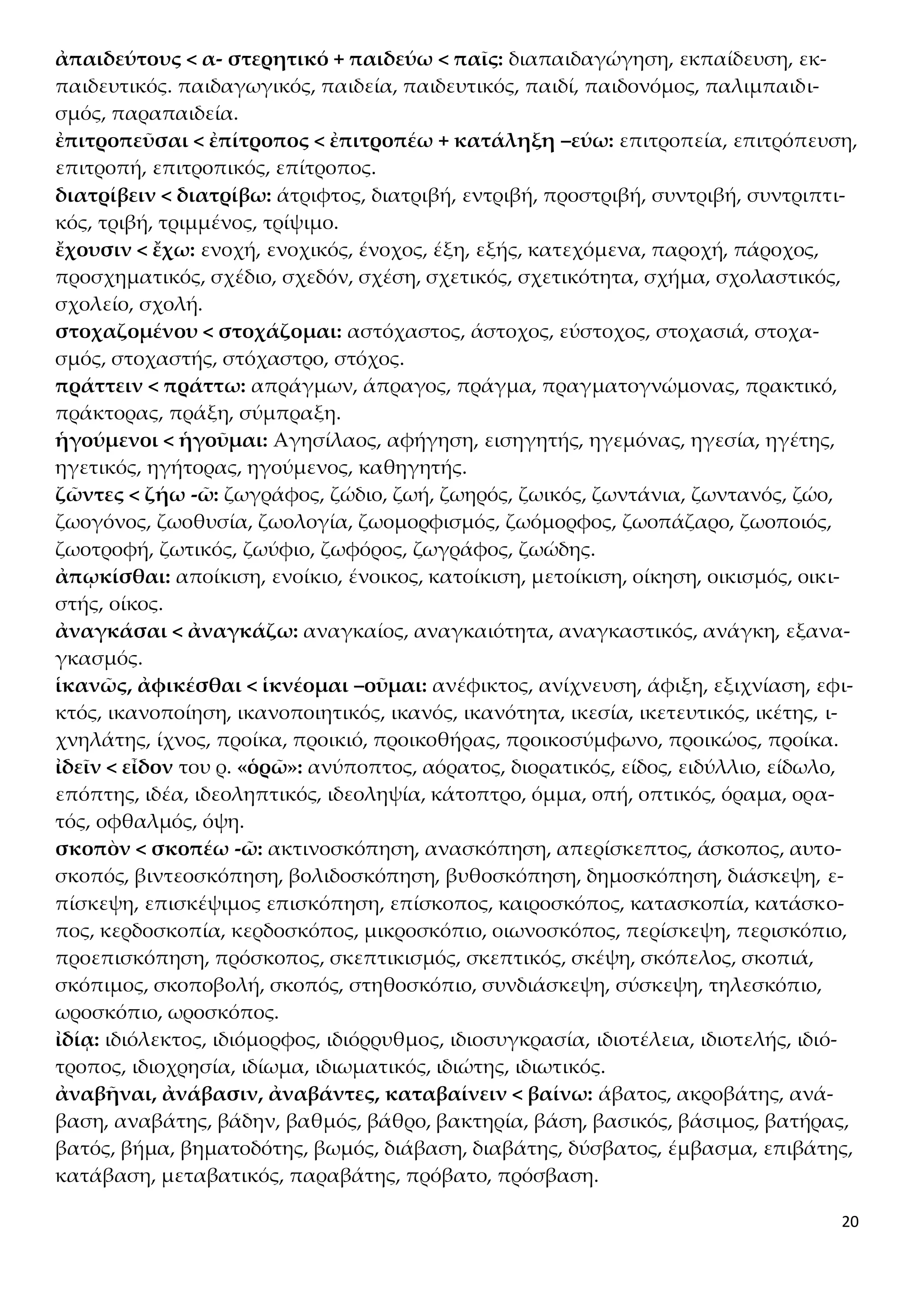 20
ἀπαιδεύτους < α- στερητικό + παιδεύω < παῖς: διαπαιδαγώγηση, εκπαίδευση, εκ-
παιδευτικός. παιδαγωγικός, παιδεία, παιδευτικός, παιδί, παιδονόμος, παλιμπαιδι-
σμός, παραπαιδεία.
ἐπιτροπεῦσαι < ἐπίτροπος < ἐπιτροπέω + κατάληξη –εύω: επιτροπεία, επιτρόπευση,
επιτροπή, επιτροπικός, επίτροπος.
διατρίβειν < διατρίβω: άτριφτος, διατριβή, εντριβή, προστριβή, συντριβή, συντριπτι-
κός, τριβή, τριμμένος, τρίψιμο.
ἔχουσιν < ἔχω: ενοχή, ενοχικός, ένοχος, έξη, εξής, κατεχόμενα, παροχή, πάροχος,
προσχηματικός, σχέδιο, σχεδόν, σχέση, σχετικός, σχετικότητα, σχήμα, σχολαστικός,
σχολείο, σχολή.
στοχαζομένου < στοχάζομαι: αστόχαστος, άστοχος, εύστοχος, στοχασιά, στοχα-
σμός, στοχαστής, στόχαστρο, στόχος.
πράττειν < πράττω: απράγμων, άπραγος, πράγμα, πραγματογνώμονας, πρακτικό,
πράκτορας, πράξη, σύμπραξη.
ἡγούμενοι < ἡγοῦμαι: Αγησίλαος, αφήγηση, εισηγητής, ηγεμόνας, ηγεσία, ηγέτης,
ηγετικός, ηγήτορας, ηγούμενος, καθηγητής.
ζῶντες < ζήω -ῶ: ζωγράφος, ζώδιο, ζωή, ζωηρός, ζωικός, ζωντάνια, ζωντανός, ζώο,
ζωογόνος, ζωοθυσία, ζωολογία, ζωομορφισμός, ζωόμορφος, ζωοπάζαρο, ζωοποιός,
ζωοτροφή, ζωτικός, ζωύφιο, ζωφόρος, ζωγράφος, ζωώδης.
ἀπῳκίσθαι: αποίκιση, ενοίκιο, ένοικος, κατοίκιση, μετοίκιση, οίκηση, οικισμός, οικι-
στής, οίκος.
ἀναγκάσαι < ἀναγκάζω: αναγκαίος, αναγκαιότητα, αναγκαστικός, ανάγκη, εξανα-
γκασμός.
ἱκανῶς, ἀφικέσθαι < ἱκνέομαι –οῦμαι: ανέφικτος, ανίχνευση, άφιξη, εξιχνίαση, εφι-
κτός, ικανοποίηση, ικανοποιητικός, ικανός, ικανότητα, ικεσία, ικετευτικός, ικέτης, ι-
χνηλάτης, ίχνος, προίκα, προικιό, προικοθήρας, προικοσύμφωνο, προικώος, προίκα.
ἰδεῖν < εἶδον του ρ. «ὁρῶ»: ανύποπτος, αόρατος, διορατικός, είδος, ειδύλλιο, είδωλο,
επόπτης, ιδέα, ιδεοληπτικός, ιδεοληψία, κάτοπτρο, όμμα, οπή, οπτικός, όραμα, ορα-
τός, οφθαλμός, όψη.
σκοπὸν < σκοπέω -ῶ: ακτινοσκόπηση, ανασκόπηση, απερίσκεπτος, άσκοπος, αυτο-
σκοπός, βιντεοσκόπηση, βολιδοσκόπηση, βυθοσκόπηση, δημοσκόπηση, διάσκεψη, ε-
πίσκεψη, επισκέψιμος επισκόπηση, επίσκοπος, καιροσκόπος, κατασκοπία, κατάσκο-
πος, κερδοσκοπία, κερδοσκόπος, μικροσκόπιο, οιωνοσκόπος, περίσκεψη, περισκόπιο,
προεπισκόπηση, πρόσκοπος, σκεπτικισμός, σκεπτικός, σκέψη, σκόπελος, σκοπιά,
σκόπιμος, σκοποβολή, σκοπός, στηθοσκόπιο, συνδιάσκεψη, σύσκεψη, τηλεσκόπιο,
ωροσκόπιο, ωροσκόπος.
ἰδίᾳ: ιδιόλεκτος, ιδιόμορφος, ιδιόρρυθμος, ιδιοσυγκρασία, ιδιοτέλεια, ιδιοτελής, ιδιό-
τροπος, ιδιοχρησία, ιδίωμα, ιδιωματικός, ιδιώτης, ιδιωτικός.
ἀναβῆναι, ἀνάβασιν, ἀναβάντες, καταβαίνειν < βαίνω: άβατος, ακροβάτης, ανά-
βαση, αναβάτης, βάδην, βαθμός, βάθρο, βακτηρία, βάση, βασικός, βάσιμος, βατήρας,
βατός, βήμα, βηματοδότης, βωμός, διάβαση, διαβάτης, δύσβατος, έμβασμα, επιβάτης,
κατάβαση, μεταβατικός, παραβάτης, πρόβατο, πρόσβαση.
 