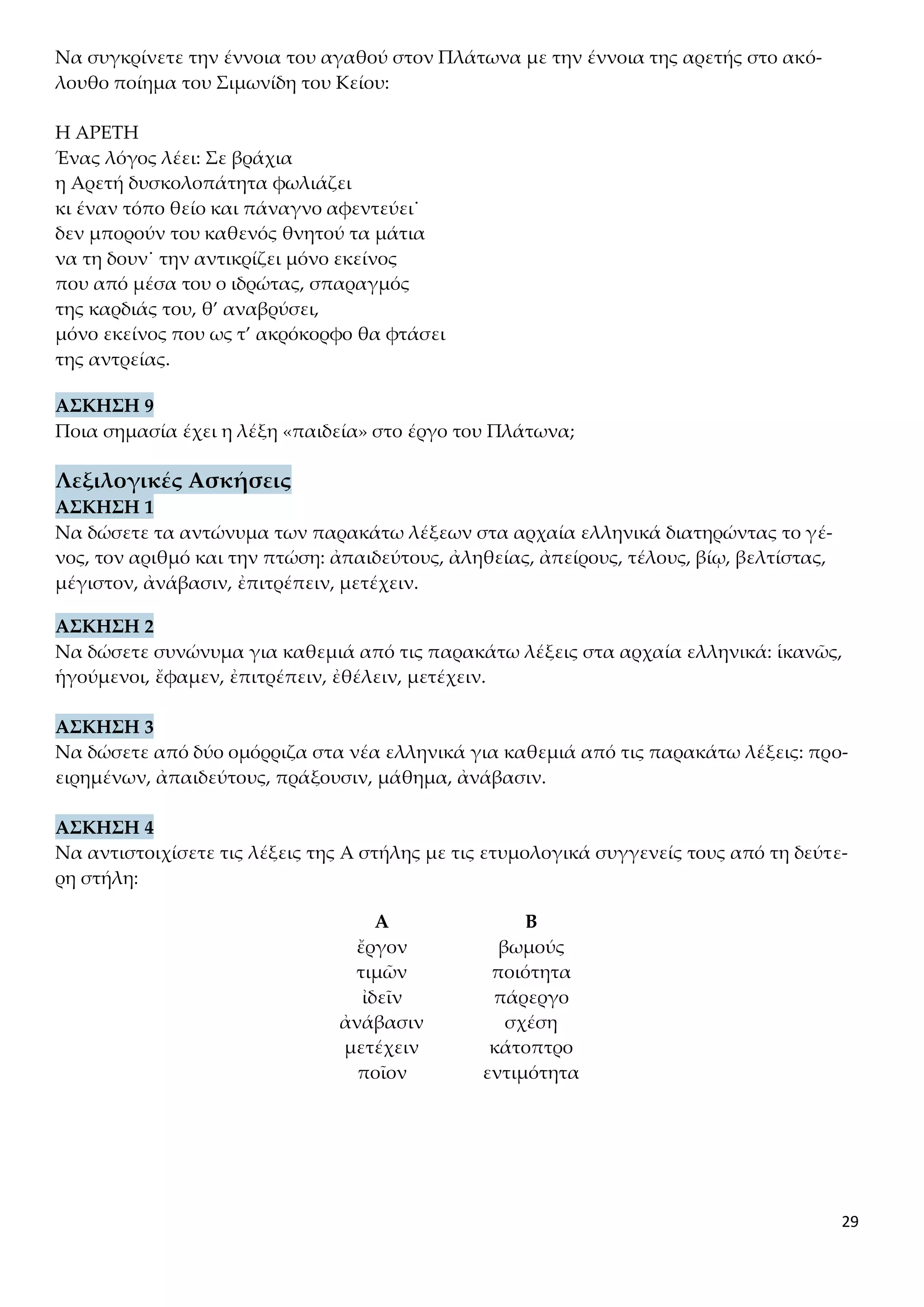 29
Να συγκρίνετε την έννοια του αγαθού στον Πλάτωνα με την έννοια της αρετής στο ακό-
λουθο ποίημα του Σιμωνίδη του Κείου:
Η ΑΡΕΤΗ
Ένας λόγος λέει: Σε βράχια
η Αρετή δυσκολοπάτητα φωλιάζει
κι έναν τόπο θείο και πάναγνο αφεντεύει˙
δεν μπορούν του καθενός θνητού τα μάτια
να τη δουν˙ την αντικρίζει μόνο εκείνος
που από μέσα του ο ιδρώτας, σπαραγμός
της καρδιάς του, θ’ αναβρύσει,
μόνο εκείνος που ως τ’ ακρόκορφο θα φτάσει
της αντρείας.
ΑΣΚΗΣΗ 9
Ποια σημασία έχει η λέξη «παιδεία» στο έργο του Πλάτωνα;
Λεξιλογικές Ασκήσεις
ΑΣΚΗΣΗ 1
Να δώσετε τα αντώνυμα των παρακάτω λέξεων στα αρχαία ελληνικά διατηρώντας το γέ-
νος, τον αριθμό και την πτώση: ἀπαιδεύτους, ἀληθείας, ἀπείρους, τέλους, βίῳ, βελτίστας,
μέγιστον, ἀνάβασιν, ἐπιτρέπειν, μετέχειν.
ΑΣΚΗΣΗ 2
Να δώσετε συνώνυμα για καθεμιά από τις παρακάτω λέξεις στα αρχαία ελληνικά: ἱκανῶς,
ἡγούμενοι, ἔφαμεν, ἐπιτρέπειν, ἐθέλειν, μετέχειν.
ΑΣΚΗΣΗ 3
Να δώσετε από δύο ομόρριζα στα νέα ελληνικά για καθεμιά από τις παρακάτω λέξεις: προ-
ειρημένων, ἀπαιδεύτους, πράξουσιν, μάθημα, ἀνάβασιν.
ΑΣΚΗΣΗ 4
Να αντιστοιχίσετε τις λέξεις της Α στήλης με τις ετυμολογικά συγγενείς τους από τη δεύτε-
ρη στήλη:
Α Β
ἔργον βωμούς
τιμῶν ποιότητα
ἰδεῖν πάρεργο
ἀνάβασιν σχέση
μετέχειν κάτοπτρο
ποῖον εντιμότητα
 