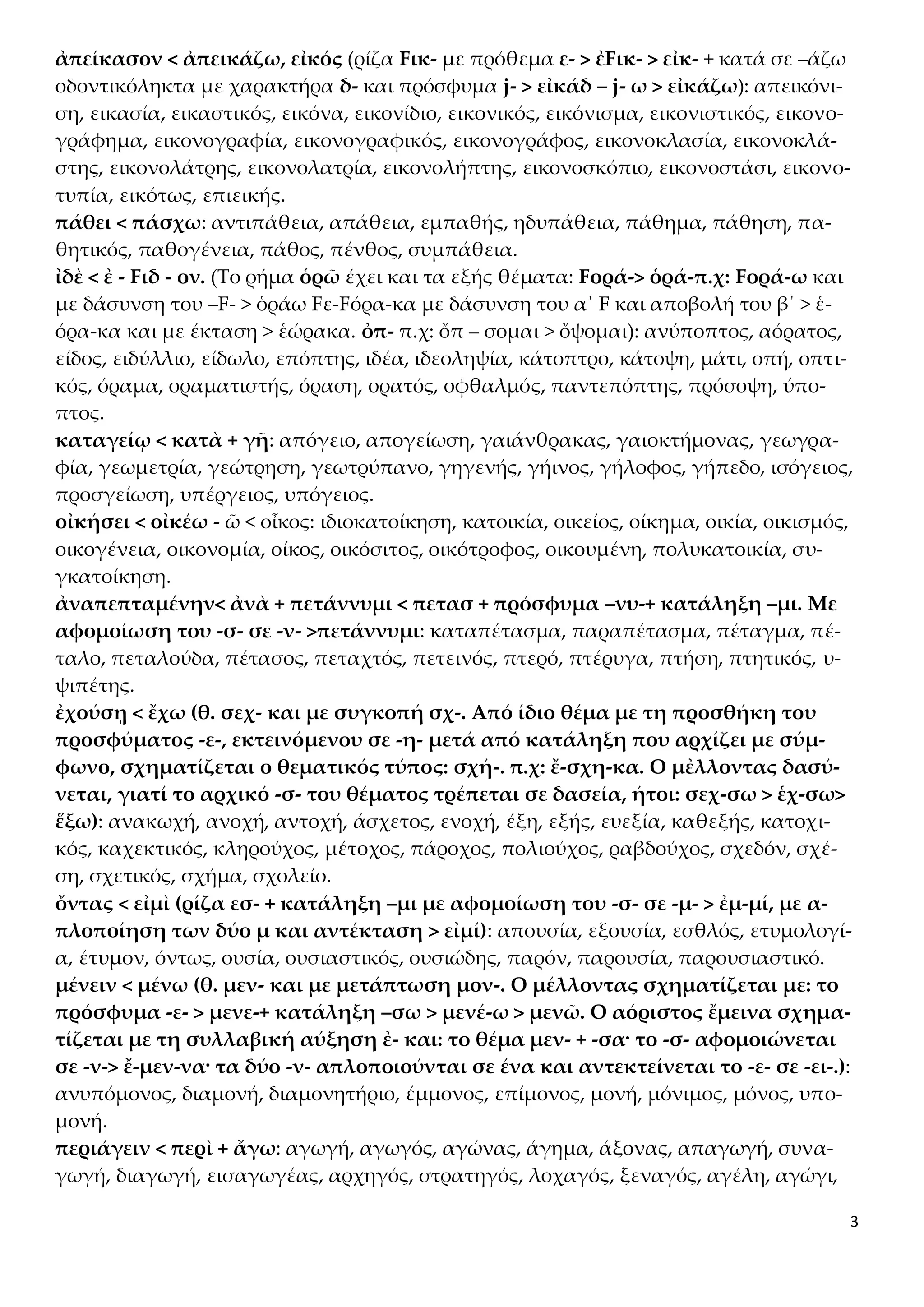 3
ἀπείκασον < ἀπεικάζω, εἰκός (ρίζα Fικ- με πρόθεμα ε- > ἐFικ- > εἰκ- + κατά σε –άζω
οδοντικόληκτα με χαρακτήρα δ- και πρόσφυμα j- > εἰκάδ – j- ω > εἰκάζω): απεικόνι-
ση, εικασία, εικαστικός, εικόνα, εικονίδιο, εικονικός, εικόνισμα, εικονιστικός, εικονο-
γράφημα, εικονογραφία, εικονογραφικός, εικονογράφος, εικονοκλασία, εικονοκλά-
στης, εικονολάτρης, εικονολατρία, εικονολήπτης, εικονοσκόπιο, εικονοστάσι, εικονο-
τυπία, εικότως, επιεικής.
πάθει < πάσχω: αντιπάθεια, απάθεια, εμπαθής, ηδυπάθεια, πάθημα, πάθηση, πα-
θητικός, παθογένεια, πάθος, πένθος, συμπάθεια.
ἰδὲ < ἐ - Fιδ - ον. (Το ρήμα ὁρῶ έχει και τα εξής θέματα: Fορά-> ὁρά-π.χ: Fορά-ω και
με δάσυνση του –F- > ὁράω Fε-Fόρα-κα με δάσυνση του α΄ F και αποβολή του β΄ > ἑ-
όρα-κα και με έκταση > ἑώρακα. ὀπ- π.χ: ὄπ – σομαι > ὄψομαι): ανύποπτος, αόρατος,
είδος, ειδύλλιο, είδωλο, επόπτης, ιδέα, ιδεοληψία, κάτοπτρο, κάτοψη, μάτι, οπή, οπτι-
κός, όραμα, οραματιστής, όραση, ορατός, οφθαλμός, παντεπόπτης, πρόσοψη, ύπο-
πτος.
καταγείῳ < κατὰ + γῆ: απόγειο, απογείωση, γαιάνθρακας, γαιοκτήμονας, γεωγρα-
φία, γεωμετρία, γεώτρηση, γεωτρύπανο, γηγενής, γήινος, γήλοφος, γήπεδο, ισόγειος,
προσγείωση, υπέργειος, υπόγειος.
οἰκήσει < οἰκέω - ῶ < οἶκος: ιδιοκατοίκηση, κατοικία, οικείος, οίκημα, οικία, οικισμός,
οικογένεια, οικονομία, οίκος, οικόσιτος, οικότροφος, οικουμένη, πολυκατοικία, συ-
γκατοίκηση.
ἀναπεπταμένην< ἀνὰ + πετάννυμι < πετασ + πρόσφυμα –νυ-+ κατάληξη –μι. Με
αφομοίωση του -σ- σε -ν- >πετάννυμι: καταπέτασμα, παραπέτασμα, πέταγμα, πέ-
ταλο, πεταλούδα, πέτασος, πεταχτός, πετεινός, πτερό, πτέρυγα, πτήση, πτητικός, υ-
ψιπέτης.
ἐχούσῃ < ἔχω (θ. σεχ- και με συγκοπή σχ-. Από ίδιο θέμα με τη προσθήκη του
προσφύματος -ε-, εκτεινόμενου σε -η- μετά από κατάληξη που αρχίζει με σύμ-
φωνο, σχηματίζεται ο θεματικός τύπος: σχή-. π.χ: ἔ-σχη-κα. Ο μἐλλοντας δασύ-
νεται, γιατί το αρχικό -σ- του θέματος τρέπεται σε δασεία, ήτοι: σεχ-σω > ἑχ-σω>
ἕξω): ανακωχή, ανοχή, αντοχή, άσχετος, ενοχή, έξη, εξής, ευεξία, καθεξής, κατοχι-
κός, καχεκτικός, κληρούχος, μέτοχος, πάροχος, πολιούχος, ραβδούχος, σχεδόν, σχέ-
ση, σχετικός, σχήμα, σχολείο.
ὄντας < εἰμὶ (ρίζα εσ- + κατάληξη –μι με αφομοίωση του -σ- σε -μ- > ἐμ-μί, με α-
πλοποίηση των δύο μ και αντέκταση > εἰμί): απουσία, εξουσία, εσθλός, ετυμολογί-
α, έτυμον, όντως, ουσία, ουσιαστικός, ουσιώδης, παρόν, παρουσία, παρουσιαστικό.
μένειν < μένω (θ. μεν- και με μετάπτωση μον-. Ο μέλλοντας σχηματίζεται με: το
πρόσφυμα -ε- > μενε-+ κατάληξη –σω > μενέ-ω > μενῶ. Ο αόριστος ἔμεινα σχημα-
τίζεται με τη συλλαβική αύξηση ἐ- και: το θέμα μεν- + -σα· το -σ- αφομοιώνεται
σε -ν-> ἔ-μεν-να· τα δύο -ν- απλοποιούνται σε ένα και αντεκτείνεται το -ε- σε -ει-.):
ανυπόμονος, διαμονή, διαμονητήριο, έμμονος, επίμονος, μονή, μόνιμος, μόνος, υπο-
μονή.
περιάγειν < περὶ + ἄγω: αγωγή, αγωγός, αγώνας, άγημα, άξονας, απαγωγή, συνα-
γωγή, διαγωγή, εισαγωγέας, αρχηγός, στρατηγός, λοχαγός, ξεναγός, αγέλη, αγώγι,
 