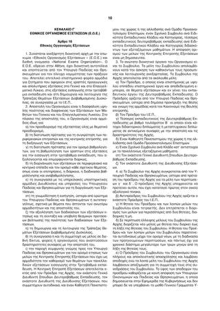 ΚΕΦΑΛΑΙΟ Γ΄
ΕΘΝΙΚΟΣ ΟΡΓΑΝΙΣΜΟΣ ΕΞΕΤΑΣΕΩΝ (Ε.Ο.Ε.)
Άρθρο 16
Εθνικός Οργανισµός Εξετάσεων
1. Συνιστάται ανεξάρτητη διοικητική αρχή µε την επω-
νυµία «Εθνικός Οργανισµός Εξετάσεων » (Ε.Ο.Ε.) και
διεθνή ονοµασία «National Exams Organization». Ο
Ε.Ο.Ε. εδρεύει στην Αθήνα, έχει διοικητική αυτοτέλεια
και εποπτεύεται από τον Υπουργό Παιδείας και Θρη-
σκευµάτων για τον έλεγχο νοµιµότητας των πράξεών
του. Αποτελεί επιτελικό επιστηµονικό φορέα αρµόδιο
για ζητήµατα που αφορούν στις γραπτές προαγωγικές
και απολυτήριες εξετάσεις στο Γενικό και στο Επαγγελ-
µατικό Λύκειο, στις εξετάσεις εισαγωγής στην τριτοβάθ-
µια εκπαίδευση και στη δηµιουργία και λειτουργία της
Τράπεζας Θεµάτων Εξετάσεων Διαβαθµισµένης Δυσκο-
λίας, σε συνεργασία µε το Ι.Ε.Π..
2. Αποστολή του Οργανισµού είναι η διασφάλιση υψη-
λής ποιότητας και διαφάνειας των Εξετάσεων των Μα-
θητών του Γενικού και του Επαγγελµατικού Λυκείου. Στο
πλαίσιο της αποστολής του, ο Οργανισµός είναι αρµό-
διος ιδίως για:
α) τον προσδιορισµό της εξεταστέας ύλης µε θεµατικό
προσδιορισµό,
β) τη διατύπωση πρότασης για τη συγκρότηση των πε-
ριφερειακών επιτροπών και της κεντρικής επιτροπής, για
τη διεξαγωγή των Εξετάσεων,
γ) τη διατύπωση πρότασης για τον ορισµό βαθµολογη-
τών, για τη βαθµολόγηση των γραπτών στις εξετάσεις
για την εισαγωγή στην τριτοβάθµια εκπαίδευση, που α-
ξιολογούνται και επιµορφώνονται διαρκώς,
δ) τη διοργάνωση των εξετάσεων σε περιφερειακό και
κεντρικό επίπεδο και τον ορισµό κάθε σχετικού θέµατος,
όπως είναι οι επιτηρήσεις, η διάρκεια, η διαδικασία βαθ-
µολόγησης και αναβαθµολόγησης,
ε) τη συνεργασία µε τις υπηρεσιακές υποστηρικτικές
αρµόδιες Διευθύνσεις και υπηρεσίες του Υπουργείου
Παιδείας και Θρησκευµάτων για τη διοργάνωση των Εξε-
τάσεων,
στ) τη γνωµοδότηση ή εισήγηση, ύστερα από ερώτηµα
του Υπουργού Παιδείας και Θρησκευµάτων ή αυτεπαγ-
γέλτως, σχετικά µε θέµατα που άπτονται των ανωτέρω
αρµοδιοτήτων και της αποστολής του,
ζ) την αξιολόγηση των διαδικασιών των εξετάσεων ε-
τησίως και τη σύνταξη και υποβολή θεσµικών προτάσε-
ων βελτίωσης της ποιότητας των διαδικασιών των Εξε-
τάσεων,
η) τη δηµιουργία και τη λειτουργία της Τράπεζας Θε-
µάτων Εξετάσεων Διαβαθµισµένης Δυσκολίας,
θ) τη συνεργασία ή και τη συµµετοχή ως µέλος σε διε-
θνή δίκτυα, φορείς ή οργανισµούς που αναπτύσσουν
δραστηριότητες συναφείς µε την αποστολή του,
ι) την παροχή σύµφωνης γνώµης προς τον Υπουργό
Παιδείας και Θρησκευµάτων για τον ορισµό ετησίως των
µελών της Κεντρικής Επιτροπής Εξετάσεων που έχει ως
αρµοδιότητα τον καθορισµό των θεµάτων των πανελλα-
δικών εξετάσεων εισαγωγής στην Τριτοβάθµια εκπαί-
δευση. Η Κεντρική Επιτροπή Εξετάσεων αποτελείται ε-
κτός από τον Πρόεδρο της Αρχής, τον εκάστοτε Γενικό
Διευθυντή Σπουδών Δευτεροβάθµιας Εκπαίδευσης, τον
εκάστοτε Διευθυντή της Διεύθυνσης Εξετάσεων, που
συµµετέχουν αυτοδίκαια, και έναν Καθηγητή Πανεπιστη-
µίου της χώρας ή της αλλοδαπής ανά Οµάδα Προσανα-
τολισµού Επιστηµών, έναν Σχολικό Σύµβουλο ανά Ειδι-
κότητα Εκπαιδευτικού Κλάδου και Κατηγορίας, τέσσερις
εκπαιδευτικούς δευτεροβάθµιας εκπαίδευσης ανά Ειδι-
κότητα Εκπαιδευτικού Κλάδου και Κατηγορίας διδασκό-
ντων των εξεταζόµενων µαθηµάτων. Η απόφαση ορι-
σµού των µελών της Κεντρικής Επιτροπής Εξετάσεων
είναι µη δηµοσιευτέα.
3. Το ανώτατο διοικητικό όργανο του Οργανισµού εί-
ναι το Συµβούλιο. Τα µέλη του Συµβουλίου απολαµβά-
νουν κατά την άσκηση των καθηκόντων τους προσωπι-
κής και λειτουργικής ανεξαρτησίας. Το Συµβούλιο της
Αρχής αποτελείται από τα ακόλουθα µέλη:
α) Τον Πρόεδρο, ο οποίος είναι επιστήµονας µε υψη-
λού επιπέδου επιστηµονικό έργο και αποδεδειγµένη ε-
µπειρία, σε θέµατα εξετάσεων και εν γένει του εκπαι-
δευτικού έργου της Δευτεροβάθµιας Εκπαίδευσης. Ο
Πρόεδρος ορίζεται από τον Υπουργό Παιδείας και Θρη-
σκευµάτων, ύστερα από δηµόσια προκήρυξη της θέσης
και γνώµη της αρµόδιας κατά τον Κανονισµό της Βουλής
επιτροπής.
β) Τον Πρόεδρο του Ι.Ε.Π..
γ) Τέσσερις εκπαιδευτικούς της Δευτεροβάθµιας Εκ-
παίδευσης µε βαθµό τουλάχιστον Β΄ οι οποίοι είναι κά-
τοχοι διδακτορικού διπλώµατος ή µεταπτυχιακού διπλώ-
µατος σε αντικείµενο συναφές µε την αποστολή και τις
δραστηριότητες της Αρχής.
δ) Έναν Καθηγητή Πανεπιστηµίου της χώρας ή της αλ-
λοδαπής ανά Οµάδα Προσανατολισµού Επιστηµών.
ε) Έναν Σχολικό Σύµβουλο ανά Κλάδο κατ’ αντιστοιχία
µε τα πανελληνίως εξεταζόµενα µαθήµατα.
στ) Τον εκάστοτε Γενικό Διευθυντή Σπουδών Δευτερο-
βάθµιας Εκπαίδευσης.
ζ) Τον εκάστοτε Διευθυντή της Διεύθυνσης Εξετάσε-
ων.
4. α) Το Συµβούλιο της Αρχής συγκροτείται από τον Υ-
πουργό Παιδείας και Θρησκευµάτων, ύστερα από πρότα-
ση του προέδρου της Αρχής για τα µέλη των περιπτώσε-
ων γ΄ και δ΄. Ο πρόεδρος της Αρχής υποχρεούται να
προτείνει αυτόν, που έχει καταταγεί πρώτος στον οικείο
αξιολογικό πίνακα.
β) Αντιπρόεδρος του Συµβουλίου της Αρχής ορίζεται ο
εκάστοτε Πρόεδρος του Ι.Ε.Π..
γ) Η θητεία του Προέδρου και των λοιπών µελών του
Συµβουλίου είναι τετραετής. Δεν επιτρέπεται ο διορι-
σµός των µελών για περισσότερες από δύο θητείες, δια-
δοχικές ή µη.
δ) Σε περίπτωση έλλειψης µέλους του Συµβουλίου της
Αρχής διορίζεται νέο µέλος µε θητεία που διαρκεί έως
τη λήξη της θητείας του Συµβουλίου. Η θητεία του Προέ-
δρου και των λοιπών µελών του Συµβουλίου παρατείνε-
ται αυτοδικαίως µέχρι τον ορισµό νέων, µε τη διαδικασία
των προηγούµενων περιπτώσεων, και πάντως όχι για
χρονικό διάστηµα µεγαλύτερο των τριών µηνών από τη
λήξη της θητείας τους.
ε) Ο Πρόεδρος του Συµβουλίου του Οργανισµού είναι
πλήρους και αποκλειστικής απασχόλησης και λαµβάνει
αποδοχές ενώ τα λοιπά µέλη του Συµβουλίου της Αρχής
λαµβάνουν αποζηµίωση για τη συµµετοχή τους στις συ-
νεδριάσεις του Συµβουλίου. Το ύψος των αποδοχών του
προέδρου καθορίζεται µε κοινή απόφαση των Υπουργών
Οικονοµικών και Παιδείας και Θρησκευµάτων, η οποία
δηµοσιεύεται στην Εφηµερίδα της Κυβερνήσεως και δεν
µπορεί δε να υπερβαίνει το µισθό Γενικού Γραµµατέα Υ-
10
Ε.Ο.Ε.
 