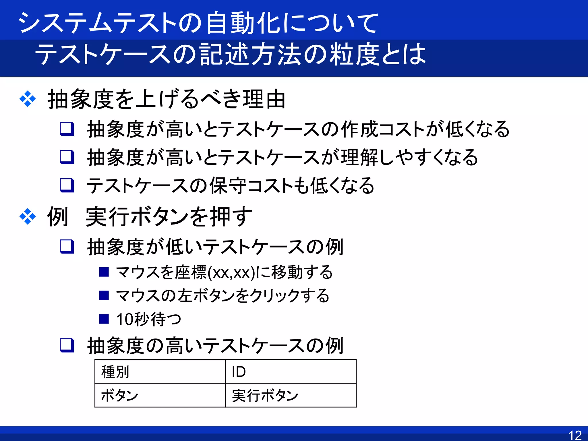 システムテストの自動化について
テストケースの記述方法の粒度とは
 抽象度を上げるべき理由
 抽象度が高いとテストケースの作成コストが低くなる
 抽象度が高いとテストケースが理解しやすくなる
 テストケースの保守コストも低くなる
 例 実行ボタンを押す
 抽象度が低いテストケースの例
 マウスを座標(xx,xx)に移動する
 マウスの左ボタンをクリックする
 10秒待つ
 抽象度の高いテストケースの例
12
種別 ID
ボタン 実行ボタン
 