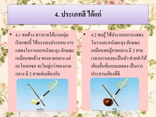 4. ประเภทสี ได้แก่
• 4.1 ซอด้วง ชาวภาคใต้บางกลุ่ม
เรียกซออี้ ใช้บรรเลงประกอบ การ
แสดงโนราและหนังตะลุง ลักษณะ
เหมือนซอด้วง ของภาคกลาง แต่
กะโหลกซอ จะใหญ่กว่าของภาค
กลาง มี 2 สายเช่นเดียวกัน
• 4.2 ซออู้ใช้ประกอบการแสดง
โนราและหนังตะลุง ลักษณะ
เหมือนซออู้ภาคกลาง มี 2 สาย
เวลาบรรเลงจะเป็นตัว ช่วยทาให้
เสียงอื่นที่แหลมลดลง เป็นการ
ประสานเสียงที่ดี
 
