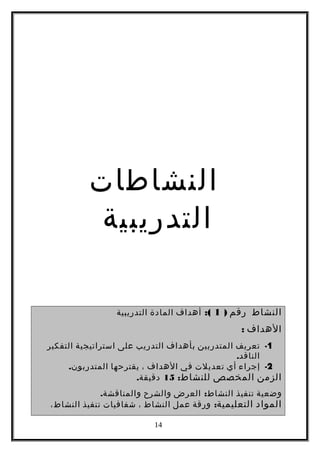 ‫النشاطات‬
‫التدريبية‬
‫النشاط‬‫رقم‬)1:(‫أهداف‬‫المادة‬‫التدريبية‬
‫الهداف‬:
1-‫تعريف‬‫المتدربين‬‫بأهداف‬‫التدريب‬‫على‬‫استراتيجية‬‫التفكير‬
.‫الناقد‬
2-‫إجراء‬‫أي‬‫تعديلت‬‫في‬‫الهداف‬،‫يقترحها‬.‫المتدربون‬
‫الزمن‬‫المخصص‬‫للنشاط‬:15.‫دقيقة‬
‫وضعية‬‫تنفيذ‬:‫العرض‬ ‫النشاط‬‫والشرح‬.‫والمناقشة‬
‫المواد‬‫التعليمية‬:‫ورقة‬‫عمل‬‫النشاط‬،‫شفافيات‬‫تنفيذ‬،‫النشاط‬
14
 
