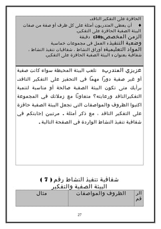 ‫الحافزة‬‫على‬‫التفكير‬.‫الناقد‬
♦‫أن‬‫يعطي‬‫المتدربون‬‫أمثلة‬‫على‬‫كل‬‫ظرف‬‫أو‬‫صفة‬‫من‬‫صفات‬
‫البيئة‬‫الصفية‬‫الحافزة‬‫على‬.‫التفكير‬
‫الزمن‬‫المخصص‬):50(‫دقيقة‬
‫وضعية‬‫التنفيذ‬:‫العمل‬‫في‬‫مجموعات‬‫خماسية‬
‫المواد‬:‫التعليمية‬‫أوراق‬‫النشاط‬،‫شفافيات‬‫تنفيذ‬‫النشاط‬،
‫شفافية‬‫بعنوان‬:‫البيئة‬‫الصفية‬‫الحافزة‬‫على‬.‫التفكير‬
‫عزيزي‬:‫المتدرب‬‫تلعب‬‫البيئة‬‫المحيطة‬‫سواء‬‫كانت‬‫صفية‬
‫أو‬‫غير‬‫صفية‬‫دورا‬‫مهما‬‫في‬‫التحفيز‬‫على‬‫التفكير‬.‫الناقد‬
‫برأيك‬‫متى‬‫تكون‬‫البيئة‬‫الصفية‬‫صالحة‬‫أو‬‫مناسبة‬‫لتنمية‬
‫التفكيرالناقد‬‫ورعايته؟‬‫متعاونا‬‫مع‬‫زملئك‬‫في‬‫المجموعة‬
‫اكتبوا‬‫الظروف‬‫والمواصفات‬‫التي‬‫تجعل‬‫البيئة‬‫الصفية‬‫حافزة‬
‫على‬‫التفكير‬‫الناقد‬،‫مع‬‫ذكر‬‫أمثلة‬.‫مرتبين‬‫إجابتكم‬‫في‬
‫شفافية‬‫تنفيذ‬‫النشاط‬‫الواردة‬‫في‬‫الصفحة‬‫التالية‬.
‫شفافية‬‫تنفيذ‬‫النشاط‬‫رقم‬)7(
‫البيئة‬‫الصفية‬‫والتفكير‬
‫الر‬
‫قم‬
‫الظروف‬‫والمواصفات‬‫مثال‬
27
 
