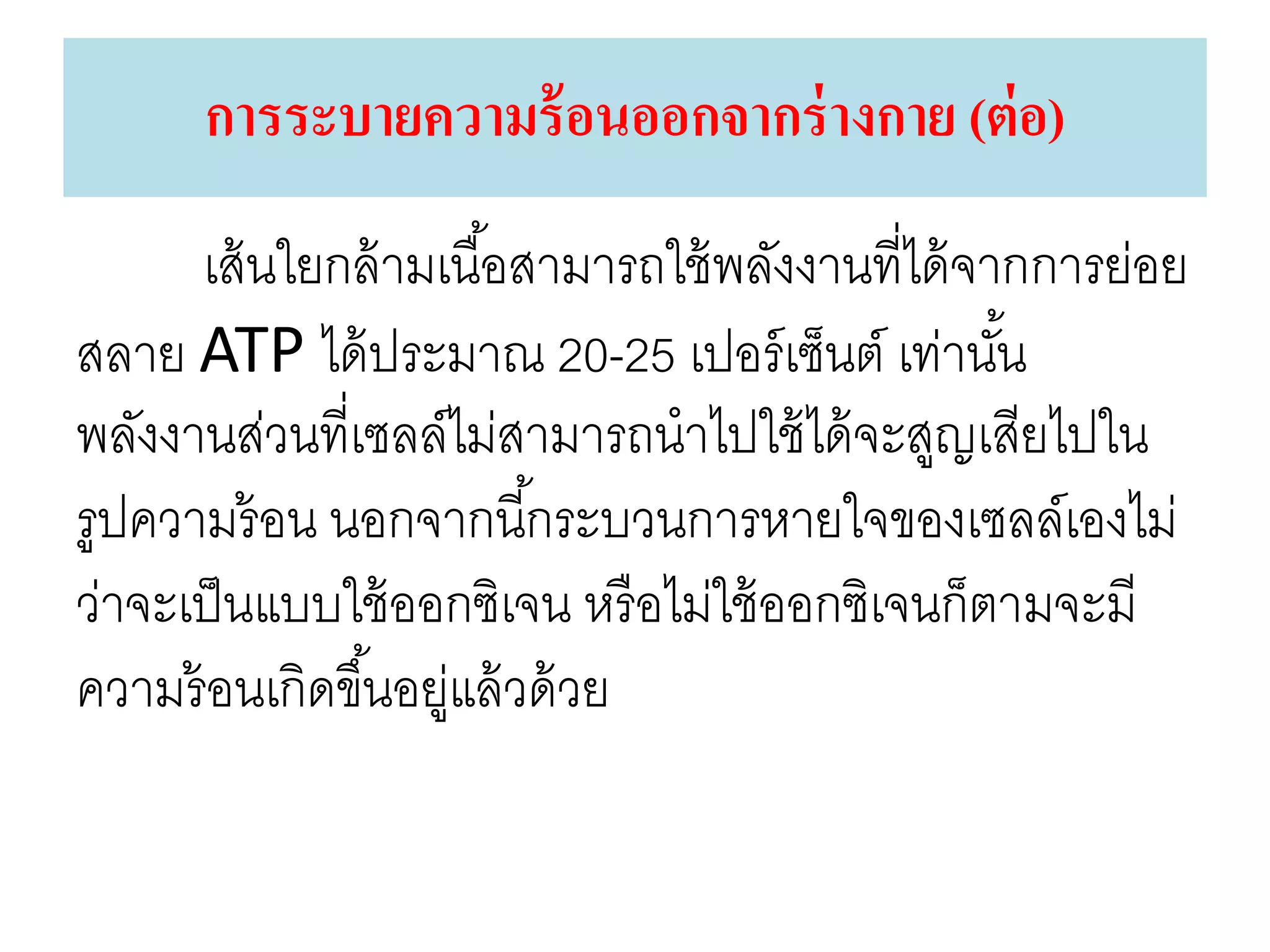 เส้นใยกล้ามเนื้อสามารถใช้พลังงานที่ได้จากการย่อย
สลาย ATP ได้ประมาณ 20-25 เปอร์เซ็นต์ เท่านั้น
พลังงานส่วนที่เซลล์ไม่สามารถนาไปใช้ได้จะสูญเสียไปใน
รูปความร้อน นอกจากนี้กระบวนการหายใจของเซลล์เองไม่
ว่าจะเป็นแบบใช้ออกซิเจน หรือไม่ใช้ออกซิเจนก็ตามจะมี
ความร้อนเกิดขึ้นอยู่แล้วด้วย
การระบายความร้อนออกจากร่างกาย (ต่อ)
 