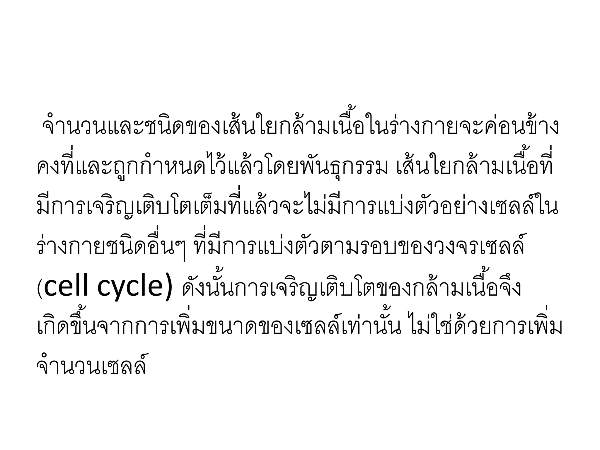 จานวนและชนิดของเส้นใยกล้ามเนื้อในร่างกายจะค่อนข้าง
คงที่และถูกกาหนดไว้แล้วโดยพันธุกรรม เส้นใยกล้ามเนื้อที่
มีการเจริญเติบโตเต็มที่แล้วจะไม่มีการแบ่งตัวอย่างเซลล์ใน
ร่างกายชนิดอื่นๆ ที่มีการแบ่งตัวตามรอบของวงจรเซลล์
(cell cycle) ดังนั้นการเจริญเติบโตของกล้ามเนื้อจึง
เกิดขึ้นจากการเพิ่มขนาดของเซลล์เท่านั้น ไม่ใช่ด้วยการเพิ่ม
จานวนเซลล์
 