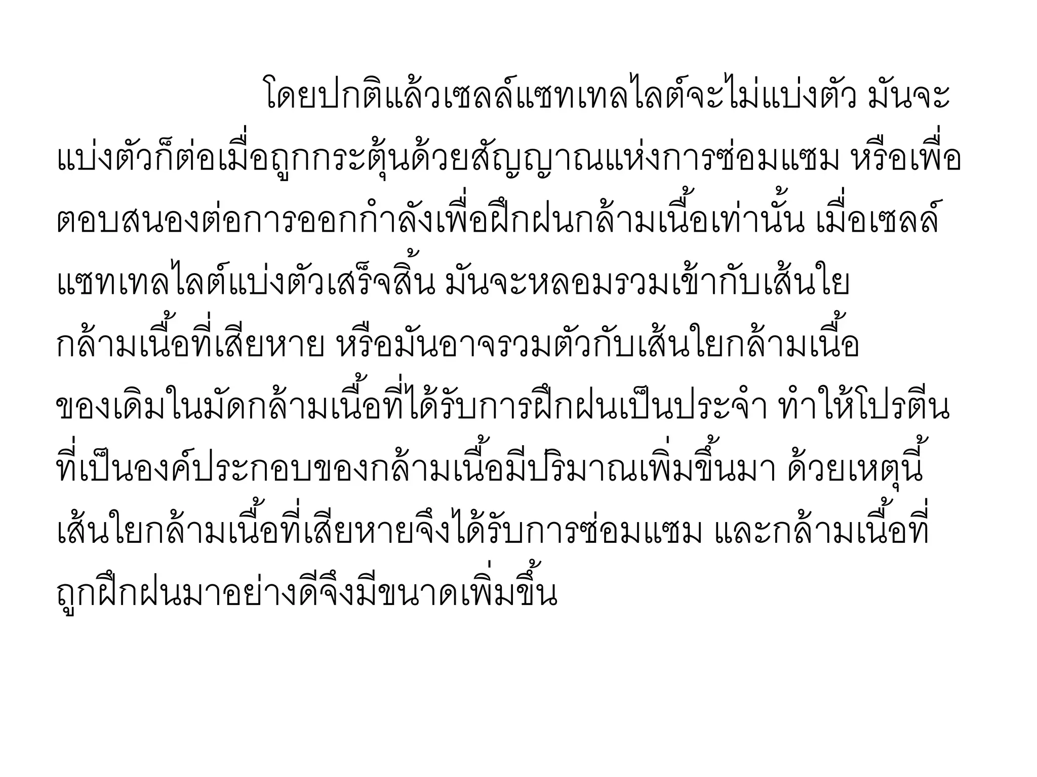 โดยปกติแล้วเซลล์แซทเทลไลต์จะไม่แบ่งตัว มันจะ
แบ่งตัวก็ต่อเมื่อถูกกระตุ้นด้วยสัญญาณแห่งการซ่อมแซม หรือเพื่อ
ตอบสนองต่อการออกกาลังเพื่อฝึกฝนกล้ามเนื้อเท่านั้น เมื่อเซลล์
แซทเทลไลต์แบ่งตัวเสร็จสิ้น มันจะหลอมรวมเข้ากับเส้นใย
กล้ามเนื้อที่เสียหาย หรือมันอาจรวมตัวกับเส้นใยกล้ามเนื้อ
ของเดิมในมัดกล้ามเนื้อที่ได้รับการฝึกฝนเป็นประจา ทาให้โปรตีน
ที่เป็นองค์ประกอบของกล้ามเนื้อมีปริมาณเพิ่มขึ้นมา ด้วยเหตุนี้
เส้นใยกล้ามเนื้อที่เสียหายจึงได้รับการซ่อมแซม และกล้ามเนื้อที่
ถูกฝึกฝนมาอย่างดีจึงมีขนาดเพิ่มขึ้น
 
