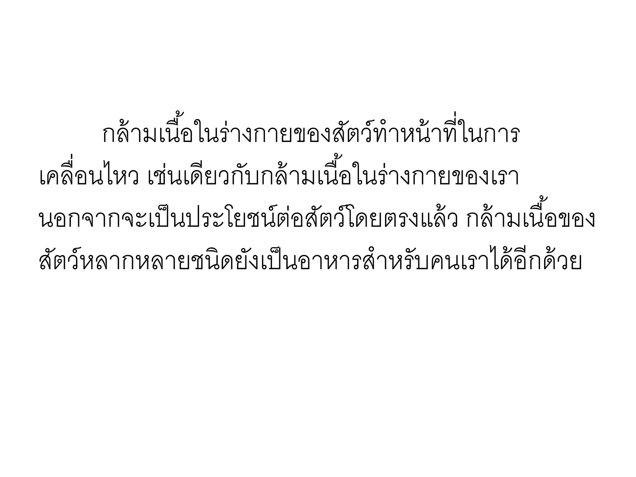 กล้ามเนื้อในร่างกายของสัตว์ทาหน้าที่ในการ
เคลื่อนไหว เช่นเดียวกับกล้ามเนื้อในร่างกายของเรา
นอกจากจะเป็นประโยชน์ต่อสัตว์โดยตรงแล้ว กล้ามเนื้อของ
สัตว์หลากหลายชนิดยังเป็นอาหารสาหรับคนเราได้อีกด้วย
 