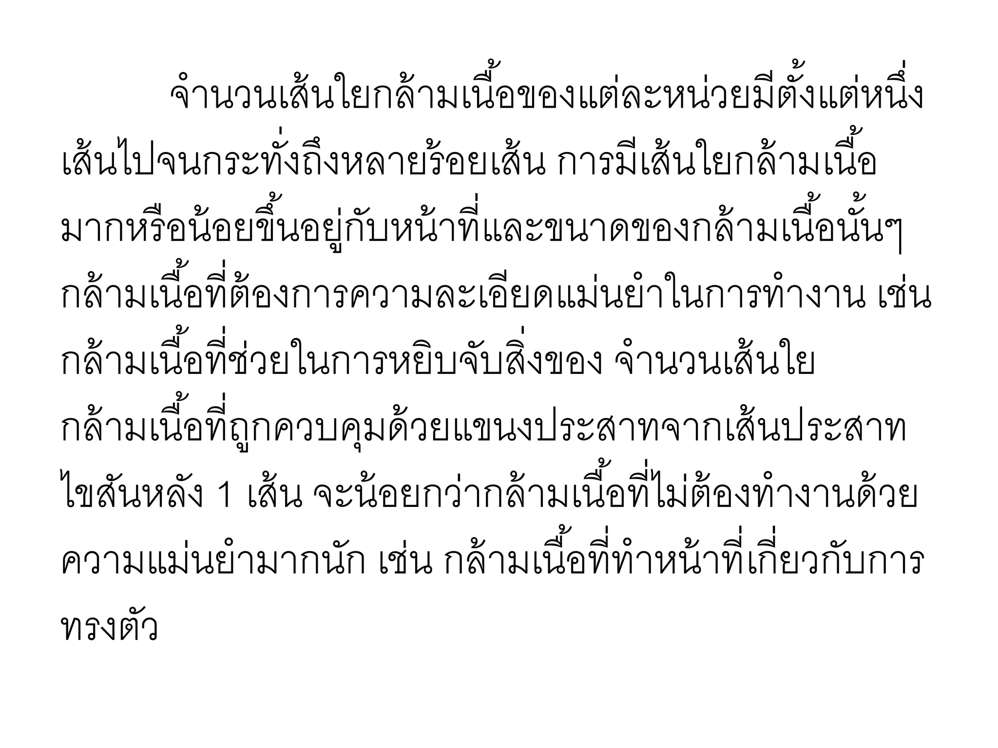 จานวนเส้นใยกล้ามเนื้อของแต่ละหน่วยมีตั้งแต่หนึ่ง
เส้นไปจนกระทั่งถึงหลายร้อยเส้น การมีเส้นใยกล้ามเนื้อ
มากหรือน้อยขึ้นอยู่กับหน้าที่และขนาดของกล้ามเนื้อนั้นๆ
กล้ามเนื้อที่ต้องการความละเอียดแม่นยาในการทางาน เช่น
กล้ามเนื้อที่ช่วยในการหยิบจับสิ่งของ จานวนเส้นใย
กล้ามเนื้อที่ถูกควบคุมด้วยแขนงประสาทจากเส้นประสาท
ไขสันหลัง 1 เส้น จะน้อยกว่ากล้ามเนื้อที่ไม่ต้องทางานด้วย
ความแม่นยามากนัก เช่น กล้ามเนื้อที่ทาหน้าที่เกี่ยวกับการ
ทรงตัว
 