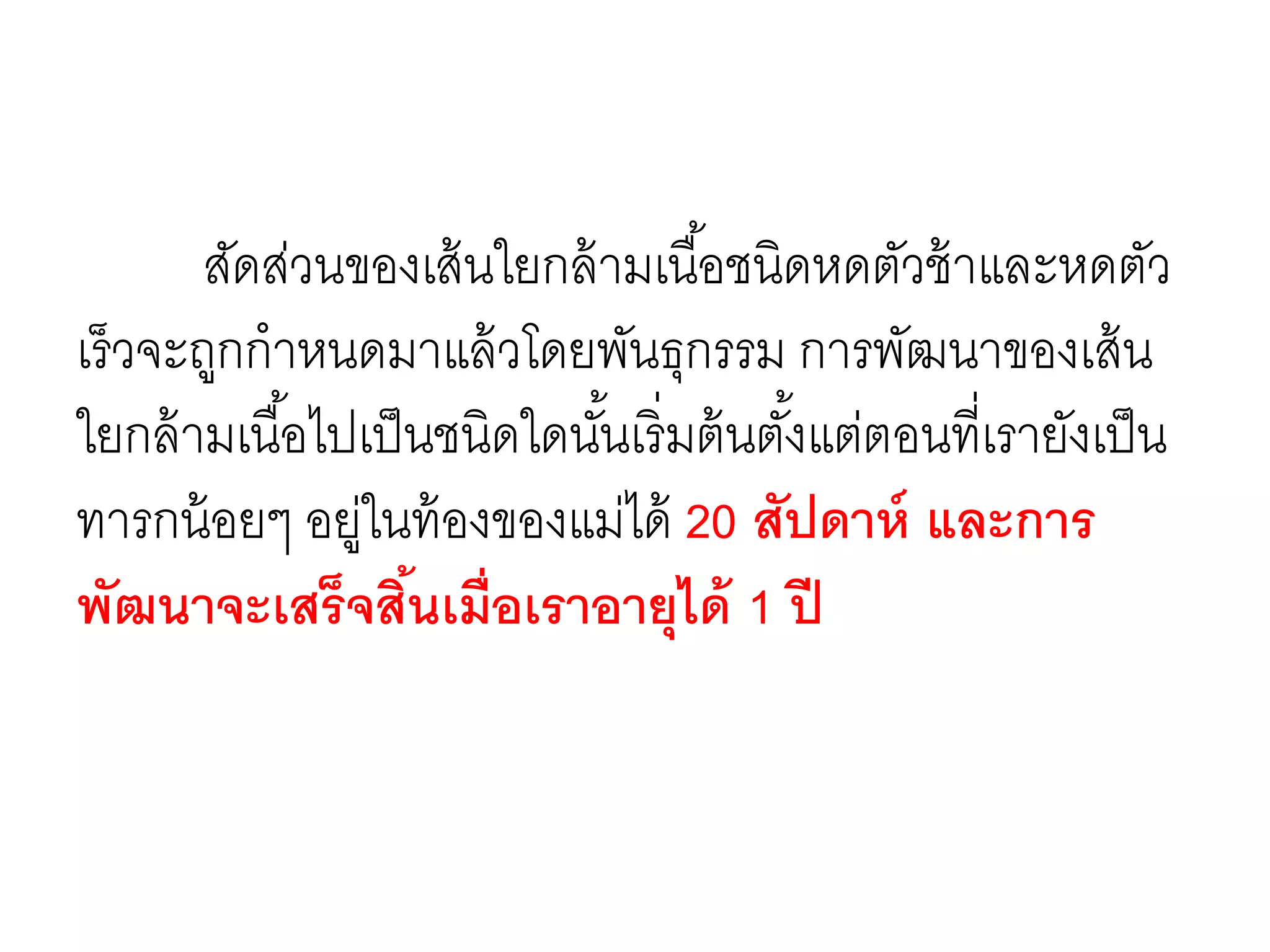 สัดส่วนของเส้นใยกล้ามเนื้อชนิดหดตัวช้าและหดตัว
เร็วจะถูกกาหนดมาแล้วโดยพันธุกรรม การพัฒนาของเส้น
ใยกล้ามเนื้อไปเป็นชนิดใดนั้นเริ่มต้นตั้งแต่ตอนที่เรายังเป็น
ทารกน้อยๆ อยู่ในท้องของแม่ได้ 20 สัปดาห์ และการ
พัฒนาจะเสร็จสิ้นเมื่อเราอายุได้ 1 ปี
 