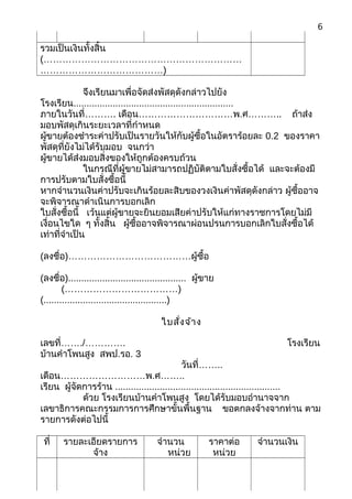 รวมเป็นเงินทั้งสิ้น
(………………………………………………………
…………………………………)
จึงเรียนมาเพื่อจัดส่งพัสดุดังกล่าวไปยัง
โรงเรียน.............................................................
ภายในวันที่………. เดือน…………………………พ.ศ……….. ถ้าส่ง
มอบพัสดุเกินระยะเวลาที่กำาหนด
ผู้ขายต้องชำาระค่าปรับเป็นรายวันให้กับผู้ซื้อในอัตราร้อยละ 0.2 ของราคา
พัสดุที่ยังไม่ได้รับมอบ จนกว่า
ผู้ขายได้ส่งมอบสิ่งของให้ถูกต้องครบถ้วน
ในกรณีที่ผู้ขายไม่สามารถปฏิบัติตามใบสั่งซื้อได้ และจะต้องมี
การปรับตามใบสั่งซื้อนี้
หากจำานวนเงินค่าปรับจะเกินร้อยละสิบของวงเงินค่าพัสดุดังกล่าว ผู้ซื้ออาจ
จะพิจารณาดำาเนินการบอกเลิก
ใบสั่งซื้อนี้ เว้นแต่ผู้ขายจะยินยอมเสียค่าปรับให้แก่ทางราชการโดยไม่มี
เงื่อนไขใด ๆ ทั้งสิ้น ผู้ซื้ออาจพิจารณาผ่อนปรนการบอกเลิกใบสั่งซื้อได้
เท่าที่จำาเป็น
(ลงชื่อ)…………………………………ผู้ซื้อ
(ลงชื่อ)............................................. ผู้ขาย
(………………………………)
(...............................................)
ใบสั่งจ้าง
เลขที่……./…………. โรงเรียน
บ้านคำาโพนสูง สพป.รอ. 3
วันที่……..
เดือน………………………พ.ศ……..
เรียน ผู้จัดการร้าน ...............................................................
ด้วย โรงเรียนบ้านคำาโพนสูง โดยได้รับมอบอำานาจจาก
เลขาธิการคณะกรรมการการศึกษาขั้นพื้นฐาน ขอตกลงจ้างจากท่าน ตาม
รายการดังต่อไปนี้
ที่ รายละเอียดรายการ
จ้าง
จำานวน
หน่วย
ราคาต่อ
หน่วย
จำานวนเงิน
6
 