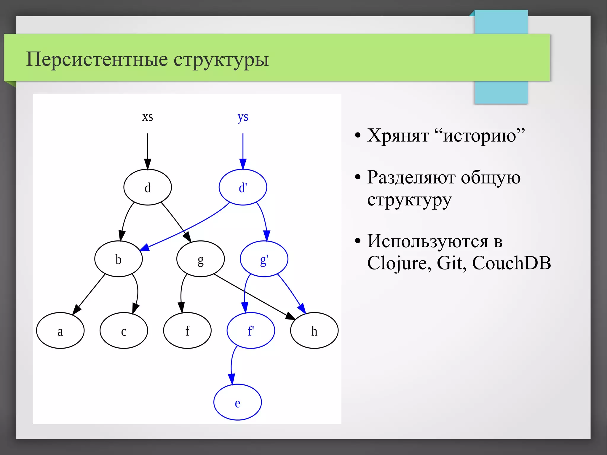 Персистентные структуры
● Хрянят “историю”
● Разделяют общую
структуру
● Используются в
Clojure, Git, CouchDB
 