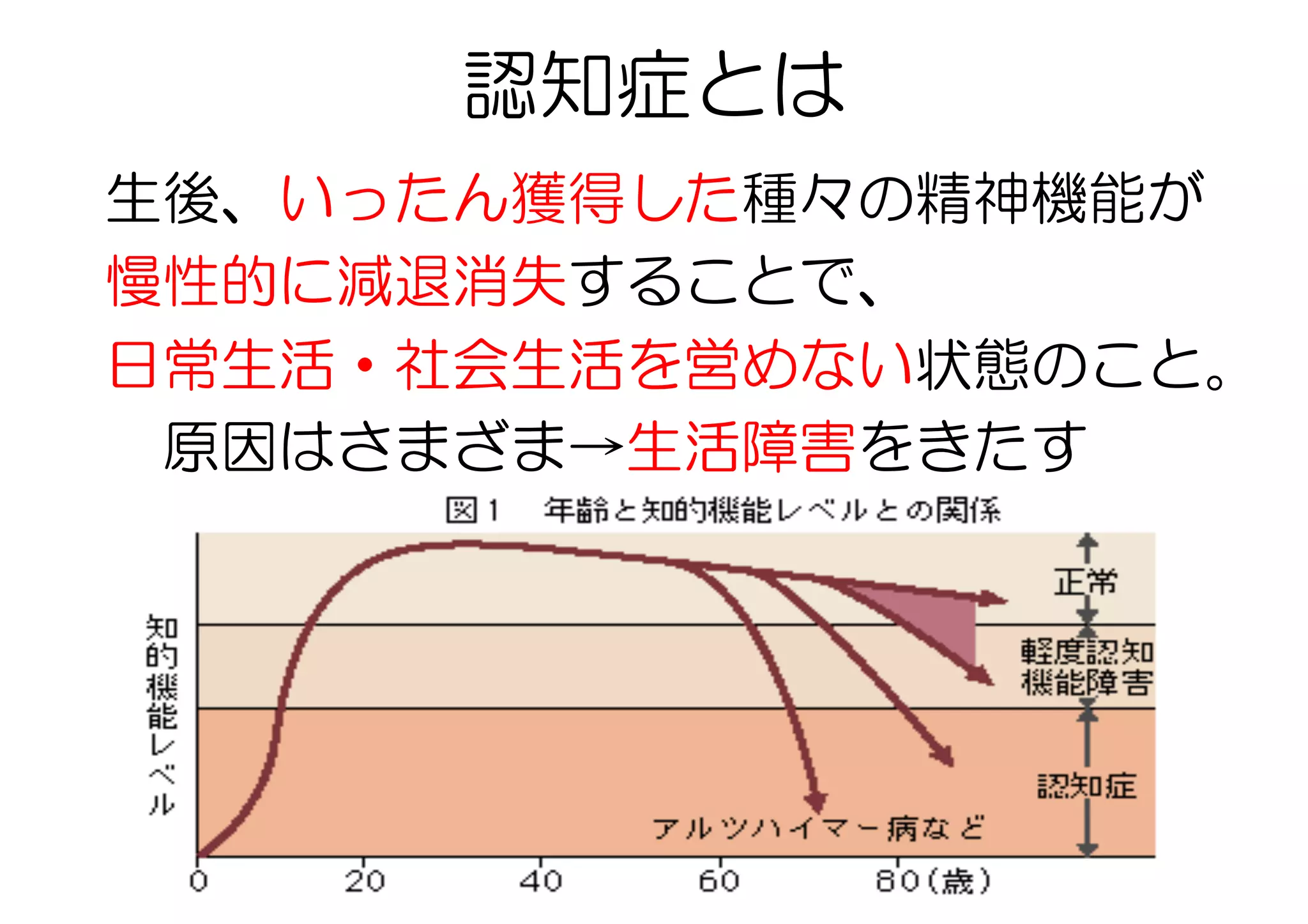 認知症とは
生後、いったん獲得した種々の精神機能が
慢性的に減退消失することで、
日常生活・社会生活を営めない状態のこと。
　原因はさまざま→生活障害をきたす
 