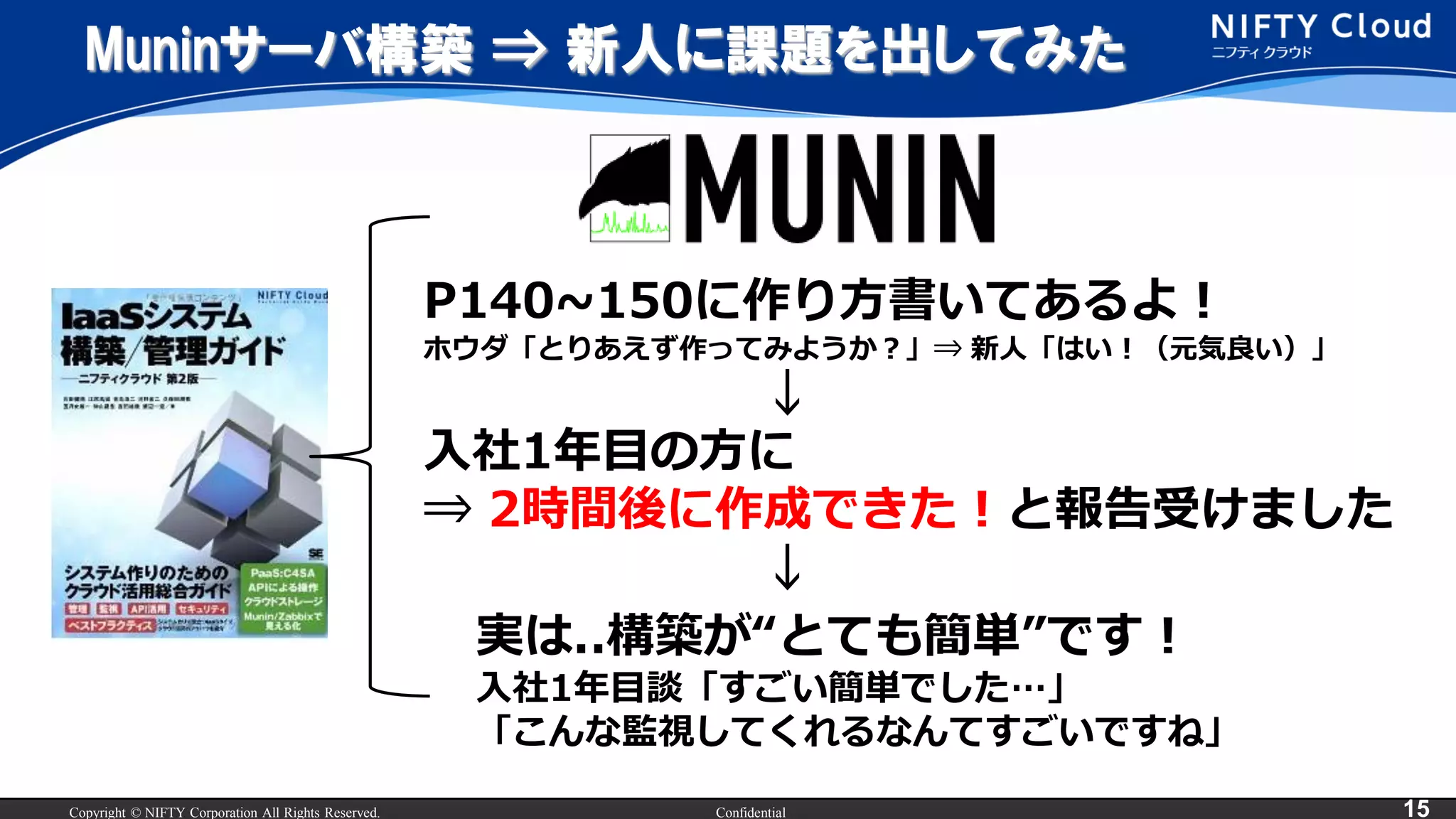 Copyright © NIFTY Corporation All Rights Reserved. Confidential 15
Muninサーバ構築 ⇒ 新人に課題を出してみた
P140~150に作り方書いてあるよ！
ホウダ「とりあえず作ってみようか？」⇒ 新人「はい！（元気良い）」
↓
入社1年目の方に
⇒ 2時間後に作成できた！と報告受けました
↓
実は..構築が“とても簡単”です！
入社1年目談「すごい簡単でした…」
「こんな監視してくれるなんてすごいですね」
 