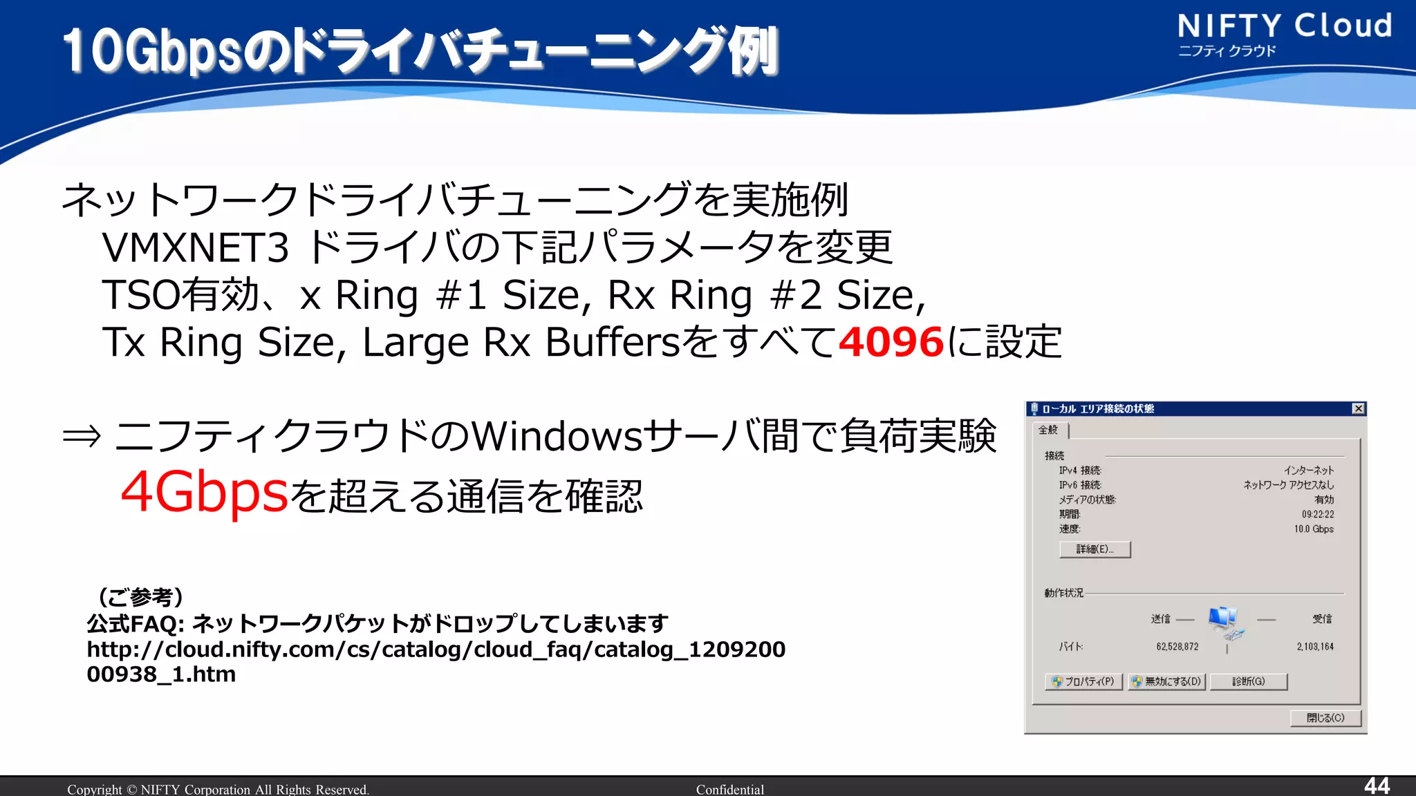 Copyright © NIFTY Corporation All Rights Reserved. Confidential 44
10Gbpsのドライバチューニング例
（ご参考）
公式FAQ: ネットワークパケットがドロップしてしまいます
http://cloud.nifty.com/cs/catalog/cloud_faq/catalog_1209200
00938_1.htm
ネットワークドライバチューニングを実施例
VMXNET3 ドライバの下記パラメータを変更
TSO有効、x Ring #1 Size, Rx Ring #2 Size,
Tx Ring Size, Large Rx Buffersをすべて4096に設定
⇒ ニフティクラウドのWindowsサーバ間で負荷実験
4Gbpsを超える通信を確認
 
