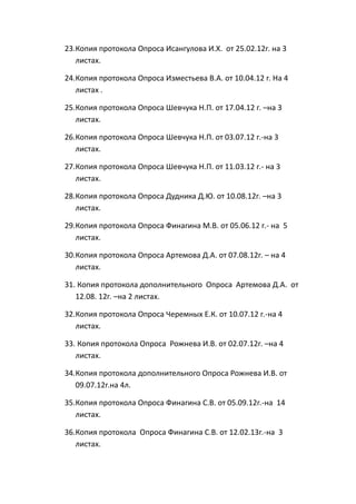 23.Копия протокола Опроса Исангулова И.Х. от 25.02.12г. на 3
листах.
24.Копия протокола Опроса Изместьева В.А. от 10.04.12 г. На 4
листах .
25.Копия протокола Опроса Шевчука Н.П. от 17.04.12 г. –на 3
листах.
26.Копия протокола Опроса Шевчука Н.П. от 03.07.12 г.-на 3
листах.
27.Копия протокола Опроса Шевчука Н.П. от 11.03.12 г.- на 3
листах.
28.Копия протокола Опроса Дудника Д.Ю. от 10.08.12г. –на 3
листах.
29.Копия протокола Опроса Финагина М.В. от 05.06.12 г.- на 5
листах.
30.Копия протокола Опроса Артемова Д.А. от 07.08.12г. – на 4
листах.
31. Копия протокола дополнительного Опроса Артемова Д.А. от
12.08. 12г. –на 2 листах.
32.Копия протокола Опроса Черемных Е.К. от 10.07.12 г.-на 4
листах.
33. Копия протокола Опроса Рожнева И.В. от 02.07.12г. –на 4
листах.
34.Копия протокола дополнительного Опроса Рожнева И.В. от
09.07.12г.на 4л.
35.Копия протокола Опроса Финагина С.В. от 05.09.12г.-на 14
листах.
36.Копия протокола Опроса Финагина С.В. от 12.02.13г.-на 3
листах.
 