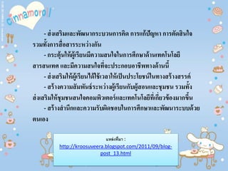 - ส่งเสริมและพัฒนากระบวนการคิด การแก้ปัญหา การตัดสินใจ
รวมทั้งการสื่อสารระหว่างกัน
- กระตุ้นให้ผู้เรียนมีความสนใจในการศึกษาด้านเทคโนโลยี
สารสนเทศ และมีความสนใจที่จะประกอบอาชีพทางด้านนี้
- ส่งเสริมให้ผู้เรียนได้ใช้เวลาให้เป็นประโยชน์ในทางสร้างสรรค์
- สร้างความสัมพันธ์ระหว่างผู้เรียนกับผู้สอนและชุมชน รวมทั้ง
ส่งเสริมให้ชุมชนสนใจคอมพิวเตอร์และเทคโนโลยีที่เกี่ยวข้องมากขึ้น
- สร้างสานึกและความรับผิดชอบในการศึกษาและพัฒนาระบบด้วย
ตนเอง
แหล่งที่มา :
http://kroosuveera.blogspot.com/2011/09/blog-
post_13.html
 