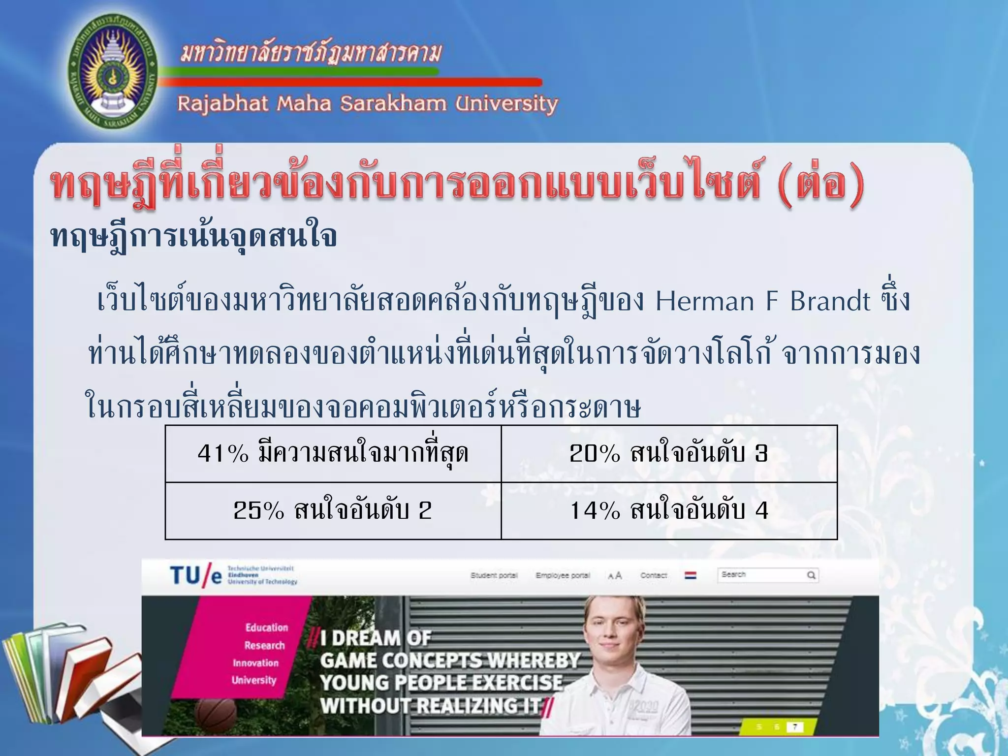 ทฤษฎีการเน้นจุดสนใจ
เว็บไซต์ของมหำวิทยำลัยสอดคล้องกับทฤษฎีของ Herman F Brandt ซึ่ง
ท่ำนได้ศึกษำทดลองของตำแหน่งที่เด่นที่สุดในกำรจัดวำงโลโก้จำกกำรมอง
ในกรอบสี่เหลี่ยมของจอคอมพิวเตอร์หรือกระดำษ
41% มีควำมสนใจมำกที่สุด 20% สนใจอันดับ 3
25% สนใจอันดับ 2 14% สนใจอันดับ 4
 