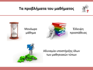 Σα προβλιματα του μακιματοσ
Μονόωρο
μάκθμα
Ζλλειψθ
προςπάκειασ
Αδυναμία υποςτιριξθσ όλων
των μακθςιακϊν τφπων
 