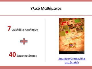 Τλικό Μακιματοσ
7Φυλλάδια Αςκιςεων
40Δραςτθριότθτεσ
Δθμιουργϊ παιχνίδια
ςτο Scratch
 