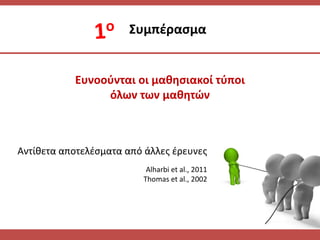 Ευνοοφνται οι μακθςιακοί τφποι
όλων των μακθτών
΢υμπζραςμα
Αντίκετα αποτελζςματα από άλλεσ ζρευνεσ
Alharbi et al., 2011
Thomas et al., 2002
 