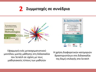 ΢υμμετοχζσ ςε ςυνζδρια
Εφαρμογι ενόσ μεταςχθματιςτικοφ
μοντζλου μικτισ μάκθςθσ ςτθ διδαςκαλία
του Scratch ςε ςχζςθ με τουσ
μακθςιακοφσ τφπουσ των μακθτϊν
Η χριςθ διαφορετικϊν κατθγοριϊν
δραςτθριοτιτων ςτθ διδαςκαλία
τθσ δομι επιλογισ ςτο Scratch
 
