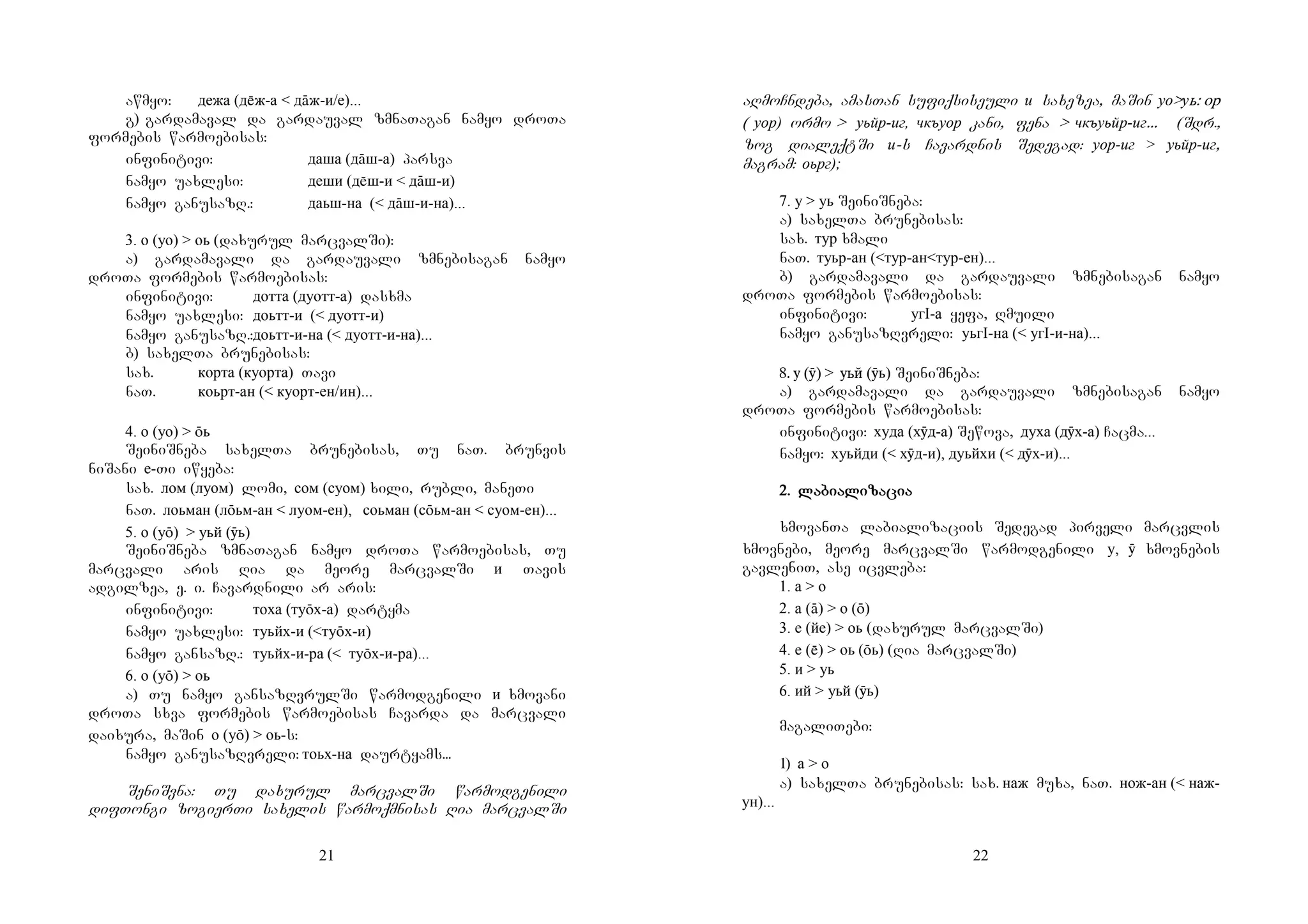 21
awmyo: дежа (дж-а < дāж-и/е)...
g) gardamaval da gardauval zmnaTagan namyo droTa
formebis warmoebisas:
infinitivi: даша (дāш-а) parsva
namyo uaxlesi: деши (дш-и < дāш-и)
namyo ganusazR.: даьш-на (< дāш-и-на)...
3. о (уо) > оь (daxurul marcvalSi):
a) gardamavali da gardauvali zmnebisagan namyo
droTa formebis warmoebisas:
infinitivi: дотта (дуотт-а) dasxma
namyo uaxlesi: доьтт-и (< дуотт-и)
namyo ganusazR.:доьтт-и-на (< дуотт-и-на)...
b) saxelTa brunebisas:
sax. корта (куорта) Tavi
naT. коьрт-ан (< куорт-ен/ин)...
4. о (уо) > ōь
SeiniSneba saxelTa brunebisas, Tu naT. brunvis
niSani е-Ti iwyeba:
sax. лом (луом) lomi, сом (суом) xili, rubli, maneTi
naT. лоьман (лōьм-ан < луом-ен), соьман (сōьм-ан < суом-ен)...
5. о (уō) > уьй (ӯь)
SeiniSneba zmnaTagan namyo droTa warmoebisas, Tu
marcvali aris Ria da meore marcvalSi и Tavis
adgilzea, e. i. Cavardnili ar aris:
infinitivi: тоха (туōх-а) dartyma
namyo uaxlesi: туьйх-и (<туōх-и)
namyo gansazR.: туьйх-и-ра (< туōх-и-ра)...
6. о (уō) > оь
a) Tu namyo gansazRvrulSi warmodgenili и xmovani
droTa sxva formebis warmoebisas Cavarda da marcvali
daixura, maSin о (уō) > оь-s:
namyo ganusazRvreli: тоьх-на daurtyams...
SeniSvna: Tu daxurul marcvalSi warmodgenili
difTongi zogierTi saxelis warmoqmnisas Ria marcvalSi
22
aRmoCndeba, amasTan sufiqsiseuli и saxezea, maSin уо>уь: ор
( уор) ormo > уьйр-иг, чкъуор kani, fena > чкъуьйр-иг... (Sdr.,
zog dialeqtSi и-s Cavardnis Sedegad: уор-иг > уьйр-иг,
magram: оьрг);
7. у > уь SeiniSneba:
a) saxelTa brunebisas:
sax. тур xmali
naT. туьр-ан (<тур-ан<тур-ен)...
b) gardamavali da gardauvali zmnebisagan namyo
droTa formebis warmoebisas:
infinitivi: угI-а yefa, Rmuili
namyo ganusazRvreli: уьгI-на (< угI-и-на)...
8. у (ӯ) > уьй (ӯь) SeiniSneba:
a) gardamavali da gardauvali zmnebisagan namyo
droTa formebis warmoebisas:
infinitivi: худа (хӯд-а) Sewova, духа (дӯх-а) Cacma...
namyo: хуьйди (< хӯд-и), дуьйхи (< дӯх-и)...
2222.... labializacialabializacialabializacialabializacia
xmovanTa labializaciis Sedegad pirveli marcvlis
xmovnebi, meore marcvalSi warmodgenili у, ӯ xmovnebis
gavleniT, ase icvleba:
1. а > о
2. а (ā) > о (ō)
3. е (йе) > оь (daxurul marcvalSi)
4. е () > оь (ōь) (Ria marcvalSi)
5. и > уь
6. ий > уьй (ӯь)
magaliTebi:
1) а > о
a) saxelTa brunebisas: sax. наж muxa, naT. нож-ан (< наж-
ун)...
 