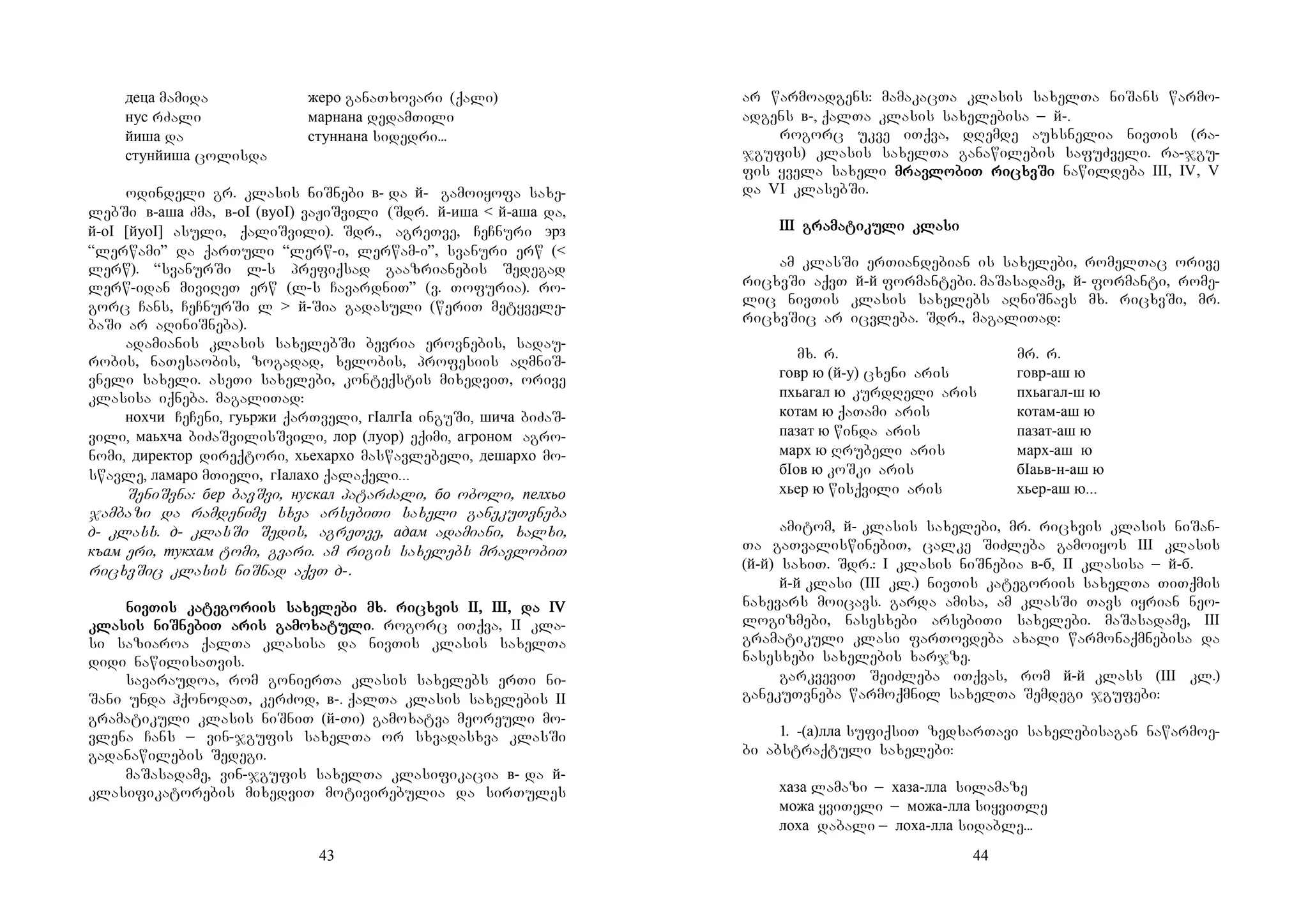 43
деца mamida жеро ganaTxovari (qali)
нус rZali марнана dedamTili
йиша da стуннана sidedri...
стунйиша colisda
odindeli gr. klasis niSnebi в- da й- gamoiyofa saxe-
lebSi в-аша Zma, в-оI (вуоI) vaJiSvili (Sdr. й-иша < й-аша da,
й-оI [йуоI] asuli, qaliSvili). Sdr., agreTve, CeCnuri эрз
“lerwami” da qarTuli “lerw-i, lerwam-i”, svanuri erw (<
lerw). “svanurSi l-s prefiqsad gaazrianebis Sedegad
lerw-idan miviReT erw (l-s CavardniT” (v. Tofuria). ro-
gorc Cans, CeCnurSi l > й-Sia gadasuli (weriT metyvele-
baSi ar aRiniSneba).
adamianis klasis saxelebSi bevria erovnebis, sadau-
robis, naTesaobis, zogadad, xelobis, profesiis aRmniS-
vneli saxeli. aseTi saxelebi, konteqstis mixedviT, orive
klasisa iqneba. magaliTad:
нохчи CeCeni, гуьржи qarTveli, гIалгIа inguSi, шича biZaS-
vili, маьхча biZaSvilisSvili, лор (луор) eqimi, агроном agro-
nomi, директор direqtori, хьехархо maswavlebeli, дешархо mo-
swavle, ламаро mTieli, гIалахо qalaqeli...
SeniSvna: бер bavSvi, нускал patarZali, бо oboli, пелхьо
jambazi da ramdenime sxva arsebiTi saxeli ganekuTvneba
д- klass. д- klasSi Sedis, agreTve, адам adamiani, xalxi,
къам eri, тукхам tomi, gvari. am rigis saxelebs mravlobiT
ricxvSic klasis niSnad aqvT д-.
nivnivnivnivTis kaTis kaTis kaTis katetetetegogogogoririririis sais sais sais saxexexexelelelelebi mx. ribi mx. ribi mx. ribi mx. ricxvis II, III, da IVcxvis II, III, da IVcxvis II, III, da IVcxvis II, III, da IV
klaklaklaklasissississis niSniSniSniSnnnneeeebiT aris gamobiT aris gamobiT aris gamobiT aris gamoxaxaxaxatutututulililili. rogorc iTqva, II kla-
si saziaroa qalTa klasisa da nivTis klasis saxelTa
didi nawilisaTvis.
savaraudoa, rom gonierTa klasis saxelebs erTi ni-
Sani unda hqonodaT, kerZod, в-. qalTa klasis saxelebis II
gramatikuli klasis niSniT (й-Ti) gamoxatva meoreuli mo-
vlena Cans _ vin-jgufis saxelTa or sxvadasxva klasSi
gadanawilebis Sedegi.
maSasadame, vin-jgufis saxelTa klasifikacia в- da й-
klasifikatorebis mixedviT motivirebulia da sirTules
44
ar warmoadgens: mamakacTa klasis saxelTa niSans warmo-
adgens в-, qalTa klasis saxelebisa _ й-.
rogorc ukve iTqva, dRemde auxsnelia nivTis (ra-
jgufis) klasis saxelTa ganawilebis safuZveli. ra-jgu-
fis yvela saxeli mravmravmravmravlolololobiT ribiT ribiT ribiT ricxvcxvcxvcxvSiSiSiSi nawildeba III, IV, V
da VI klasebSi.
III graIII graIII graIII gramamamamatitititikukukukuli klali klali klali klasisisisi
am klasSi erTiandebian is saxelebi, romelTac orive
ricxvSi aqvT й-й formantebi. maSasadame, й- formanti, rome-
lic nivTis klasis saxelebs aRniSnavs mx. ricxvSi, mr.
ricxvSic ar icvleba. Sdr., magaliTad:
mx. r. mr. r.
говр ю (й-у) cxeni aris говр-аш ю
пхьагал ю kurdReli aris пхьагал-ш ю
котам ю qaTami aris котам-аш ю
пазат ю winda aris пазат-аш ю
марх ю Rrubeli aris марх-аш ю
бIов ю koSki aris бIаьв-н-аш ю
хьер ю wisqvili aris хьер-аш ю...
amitom, й- klasis saxelebi, mr. ricxvis klasis niSan-
Ta gaTvaliswinebiT, calke SiZleba gamoiyos III klasis
(й-й) saxiT. Sdr.: I klasis niSnebia в-б, II klasisa _ й-б.
й-й klasi (III kl.) nivTis kategoriis saxelTa TiTqmis
naxevars moicavs. garda amisa, am klasSi Tavs iyrian neo-
logizmebi, nasesxebi arsebiTi saxelebi. maSasadame, III
gramatikuli klasi farTovdeba axali warmonaqmnebisa da
nasesxebi saxelebis xarjze.
garkveviT SeiZleba iTqvas, rom й-й klass (III kl.)
ganekuTvneba warmoqmnil saxelTa Semdegi jgufebi:
1. -(а)лла sufiqsiT zedsarTavi saxelebisagan nawarmoe-
bi abstraqtuli saxelebi:
хаза lamazi _ хаза-лла silamaze
можа yviTeli _ можа-лла siyviTle
лоха dabali _ лоха-лла sidable...
 