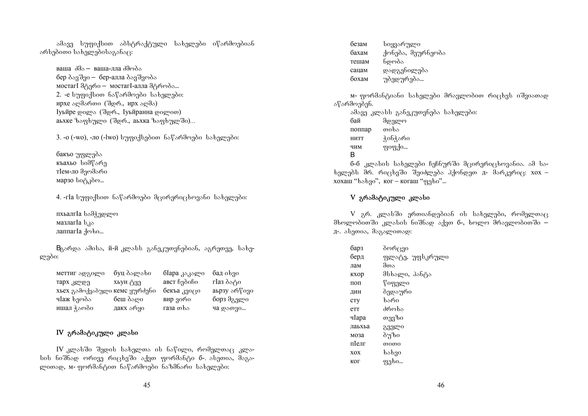 45
amave sufiqsiT abstraqtuli saxelebi iwarmoebian
arsebiTi saxelebisaganac:
ваша Zma _ ваша-лла Zmoba
бер bavSvi _ бер-алла bavSvoba
мостагI mteri _ мостагI-алла mtroba...
2. -е sufiqsiT nawarmoebi saxelebi:
ирхе aRmarTi (Sdr., ирх aRma)
Iуьйре dila (Sdr., Iуьйранна diliT)
аьхке zafxuli (Sdr., аьхка zafxulSi)...
3. -о (-wo), -ло (-lwo) sufiqsebiT nawarmoebi saxelebi:
бакъо ufleba
къахьо simware
тIем-ло meomari
марзо sitkbo...
4. -гIа sufiqsiT nawarmoebi mcirericxovani saxelebi:
пхьалгIа samWedlo
мазлагIа ska
лаппагIа qoxi...
garda amisa, й-й klass ganekuTvnebian, agreTve, saxe-
lebi:
меттиг adgili буц balaxi бIара kakali бад ixvi
тарх klde хьун tye авст CebiCi гIаз bati
хьех gamoqvabuli кемс yurZeni бекъа kvici аьрзу arwivi
чIаж xeoba беш baRi вир viri борз mgeli
ишал Waobi дакх aryi газа Txa ча daTvi...
IV graIV graIV graIV gramamamamatitititikukukukuli klali klali klali klasisisisi
IV klasSi Sedis saxelTa is nawili, romelTac kla-
sis niSnad orive ricxvSi aqvT formanti б-. aseTia, maga-
liTad, м- formantiT nawarmoebi nazmnari saxelebi:
46
безам siyvaruli
бахам qoneba, meurneoba
тешам ndoba
сацам dadgenileba
бохам ubedureba...
м- formantiani saxelebi mravlobiT ricxvs iSviaTad
awarmoeben.
amave klass ganekuTvneba saxelebi:
бай mdelo
поппар Tixa
нитт WinWari
чим fifqi...
б-б klasis saxelebi CeCnurSi mcirericxovania. am sa-
xelebs mr. ricxvSi SeiZleba hqondeT д- markeric: хох –
хохаш “xaxvi”, ког – когаш “fexi”...
V graV graV graV gramamamamatitititikukukukuli klali klali klali klasisisisi
V gr. klasSi erTiandebian is saxelebi, romelTac
mxolobiTSi klasis niSnad aqvT б-, xolo mravlobiTSi _
д-. aseTia, magaliTad:
барз borcvi
берд flate, ufskruli
лам mTa
кхор msxali, panta
поп wifeli
дин bedauri
сту xari
етт Zroxa
чIара Tevzi
лаьхьа gveli
моза buzi
пIелг TiTi
хох xaxvi
ког fexi...
 