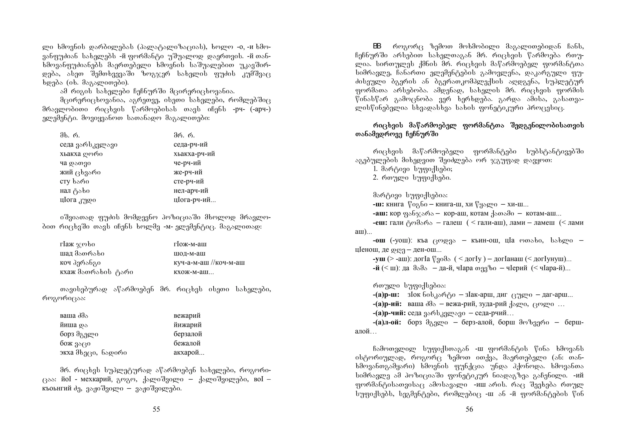 55
li xmovnis darbilebas (palatalizacias), xolo -о, -и xmo-
vanfuZian saxelebs -й formanti uSualod daerTvis. -й Tan-
xmovanfuZianebs maerTebeli xmovnis saSualebiT ukavSir-
deba, aseT SemTxvevaSi zogjer saxelis fuZis kumSvac
xdeba (ix. magaliTebi).
am rigis saxelebi CeCnurSi mcirericxovania.
mcirericxovania, agreTve, iseTi saxelebi, romlebSic
mravlobiTi ricxvis warmoebisas Tavs iCens -рч- (-арч-)
elementi. moviyvanoT saTanado magaliTebi:
mx. r. mr. r.
седа varskvlavi седа-рч-ий
хьакха Rori хьакха-рч-ий
ча daTvi че-рч-ий
жий cxvari же-рч-ий
сту xari сте-рч-ий
нал taxi нел-арч-ий
цIога kudi цIога-рч-ий...
iSviaTad fuZis momdevno poziciaSi mxolod mravlo-
biT ricxvSi Tavs iCens xolme -м- elementic. magaliTad:
гIаж joxi гIож-м-аш
шад maTraxi шод-м-аш
коч perangi куч-а-м-аш //коч-м-аш
кхаж maTraxis tari кхож-м-аш...
Taviseburad awarmoeben mr. ricxvs iseTi saxelebi,
rogoricaa:
ваша Zma вежарий
йиша da йижарий
борз mgeli берзалой
бож vaci бежалой
экха mxeci, nadiri акхарой...
mr. ricxvs supleturad awarmoeben saxelebi, rogori-
caa: йоI - мехкарий, gogo, qaliSvili _ qaliSvilebi, воI –
къоьнгий Ze, vaJiSvili _ vaJiSvilebi.
56
rogorc zemoT moxmobili magaliTebidan Cans,
CeCnurSi arsebiT saxelTagan mr. ricxvis warmoeba rTu-
lia. sirTules qmnis mr. ricxvis mawarmoebel formantTa
simravle, CanarTi elementebis gamovlena, dakarguli fu-
Ziseuli bgeris an bgeraTkompleqsis aRdgena, supletur
formaTa arseboba. amdenad, saxelis mr. ricxvis formis
winaswar gamocnoba ver xerxdeba. garda amisa, gasaTva-
liswinebelia sxvadasxva saxis fonetikuri procesic.
riririricxvis macxvis macxvis macxvis mawarwarwarwarmomomomoeeeebel forbel forbel forbel formantmantmantmantTa SeTa SeTa SeTa SedgedgedgedgeninininilolololobibibibisasasasaTvisTvisTvisTvis
TaTaTaTananananamedmedmedmedrorororove CeCve CeCve CeCve CeCnurnurnurnurSiSiSiSi
ricxvis mawarmoebeli formantebi substantivebSi
agebulebis mixedviT SeiZleba or jgufad davyoT:
1. martivi sufiqsebi;
2. rTuli sufiqsebi.
martivi sufiqsebia:
-ш: книга wigni _ книга-ш, хи wyali _ хи-ш...
-аш: кор fanjara _ кор-аш, котам qaTami _ котам-аш...
-еш: гали tomara _ галеш ( < гали-аш), лами _ ламеш (< лами
аш)...
-ош (-уош): къа codva _ къин-ош, цIа oTaxi, saxli _
цIенош, де dRe _ ден-ош...
-уш (> -аш): догIа wvima ( < догIу ) _ догIанаш (< догIунуш)...
-й (< ш): да mama _ да-й, чIара Tevzi _ чIерий (< чIара-й)...
rTuli sufiqsebia:
-(а)р-ш: зIок niskarti _ зIак-арш, диг culi _ даг-арш...
-(а)р-ий: ваша Zma _ вежа-рий, зуда-рий qali, coli …
-(а)р-чий: седа varskvlavi _ седа-рчий…
-(а)л-ой: борз mgeli _ берз-алой, борш mozveri _ берш-
алой…
CamoTvlil sufiqsTagan -ш formantis wina xmovans
istoriulad, rogorc zemoT iTqva, maerTebeli (an: Tan-
xmovanTgamyari) xmovnis funqcia unda hqonoda. xmovanTa
simravle am poziciaSi fonetikur niadagzea gaCenili. -ий
formantisaTvisac amosavali -иш aris. rac Seexeba rTul
sufiqsebs, segmentebi, romlebic -ш an -й formantebis win
 