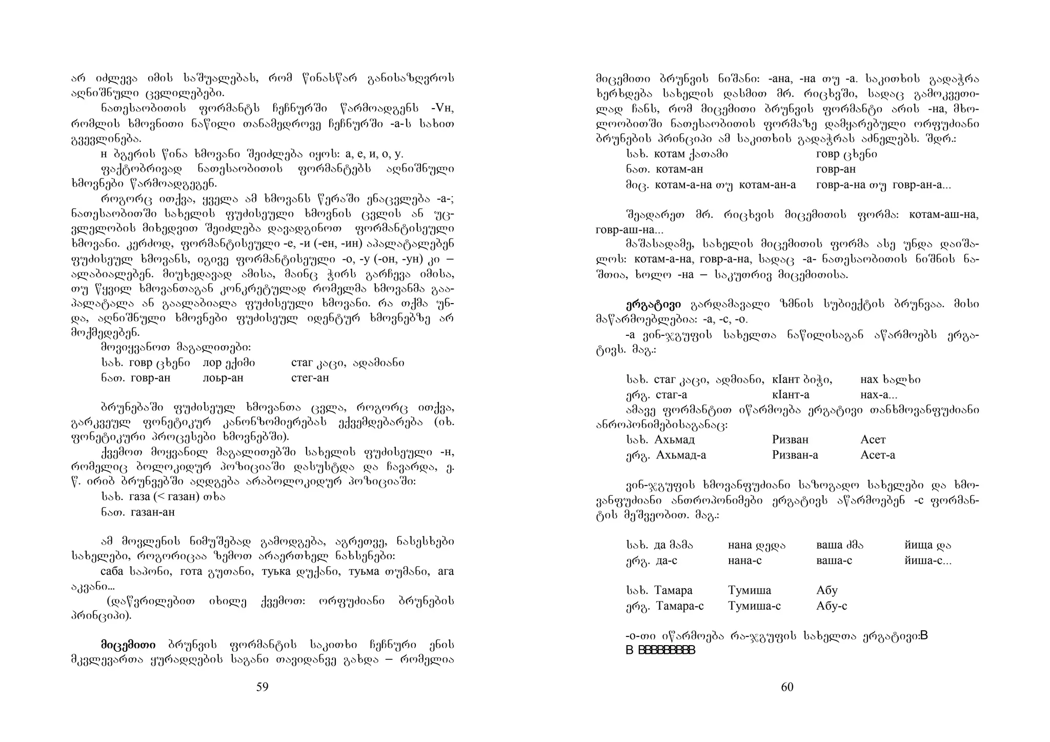 59
ar iZleva imis saSualebas, rom winaswar ganisazRvros
aRniSnuli cvlilebebi.
naTesaobiTis formants CeCnurSi warmoadgens -Vн,
romlis xmovniTi nawili Tanamedrove CeCnurSi -а-s saxiT
gvevlineba.
н bgeris wina xmovani SeiZleba iyos: а, е, и, о, у.
faqtobrivad naTesaobiTis formantebs aRniSnuli
xmovnebi warmoadgegen.
rogorc iTqva, yvela am xmovans weraSi enacvleba -а-;
naTesaobiTSi saxelis fuZiseuli xmovnis cvlis an uc-
vlelobis mixedviT SeiZleba davadginoT formantiseuli
xmovani. kerZod, formantiseuli -е, -и (-ен, -ин) apalataleben
fuZiseul xmovans, igive formantiseuli -о, -у (-он, -ун) ki _
alabialeben. miuxedavad amisa, mainc Wirs garCeva imisa,
Tu wyvil xmovanTagan konkretulad romelma xmovanma gaa-
palatala an gaalabiala fuZiseuli xmovani. ra Tqma un-
da, aRniSnuli xmovnebi fuZiseul identur xmovnebze ar
moqmedeben.
moviyvanoT magaliTebi:
sax. говр cxeni лор eqimi стаг kaci, adamiani
naT. говр-ан лоьр-ан стег-ан
brunebaSi fuZiseul xmovanTa cvla, rogorc iTqva,
garkveul fonetikur kanonzomierebas eqvemdebareba (ix.
fonetikuri procesebi xmovnebSi).
qvemoT moyvanil magaliTebSi saxelis fuZiseuli -н,
romelic bolokidur poziciaSi dasustda da Cavarda, e.
w. irib brunvebSi aRdgeba arabolokidur poziciaSi:
sax. газа (< газан) Txa
naT. газан-ан
am movlenis nimuSebad gamodgeba, agreTve, nasesxebi
saxelebi, rogoricaa zemoT araerTxel naxsenebi:
саба saponi, гота guTani, туька duqani, туьма Tumani, ага
akvani...
(dawvrilebiT ixile qvemoT: orfuZiani brunebis
principi).
mimimimicecececemimimimiTiTiTiTi brunvis formantis sakiTxi CeCnuri enis
mkvlevarTa yuradRebis sagani Tavidanve gaxda _ romelia
60
micemiTi brunvis niSani: -ана, -на Tu -а. sakiTxis gadaWra
xerxdeba saxelis dasmiT mr. ricxvSi, sadac gamokveTi-
lad Cans, rom micemiTi brunvis formanti aris -на, mxo-
loobiTSi naTesaobiTis formaze damyarebuli orfuZiani
brunebis principi am sakiTxis gadaWras aZnelebs. Sdr.:
sax. котам qaTami говр cxeni
naT. котам-ан говр-ан
mic. котам-а-на Tu котам-ан-а говр-а-на Tu говр-ан-а...
SeadareT mr. ricxvis micemiTis forma: котам-аш-на,
говр-аш-на...
maSasadame, saxelis micemiTis forma ase unda daiSa-
los: котам-а-на, говр-а-на, sadac -а- naTesaobiTis niSnis na-
STia, xolo -на _ sakuTriv micemiTisa.
erererergagagagatitititivivivivi gardamavali zmnis subieqtis brunvaa. misi
mawarmoeblebia: -а, -с, -о.
-а vin-jgufis saxelTa nawilisagan awarmoebs erga-
tivs. mag.:
sax. стаг kaci, admiani, кIант biWi, нах xalxi
erg. стаг-а кIант-а нах-а...
amave formantiT iwarmoeba ergativi TanxmovanfuZiani
anroponimebisaganac:
sax. Ахьмад Ризван Асет
erg. Ахьмад-а Ризван-а Асет-а
vin-jgufis xmovanfuZiani sazogado saxelebi da xmo-
vanfuZiani anTroponimebi ergativs awarmoeben -с forman-
tis meSveobiT. mag.:
sax. да mama нана deda ваша Zma йища da
erg. да-с нана-с ваша-с йиша-с...
sax. Тамара Тумиша Абу
erg. Тамара-с Тумиша-с Абу-с
-о-Ti iwarmoeba ra-jgufis saxelTa ergativi:
 
